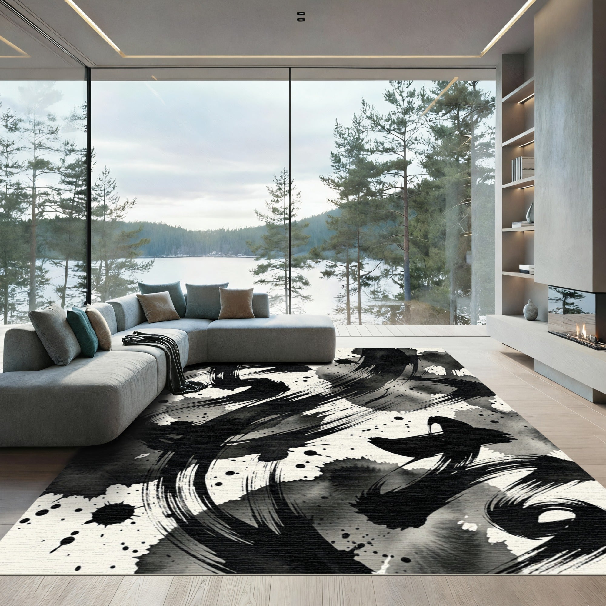 Bold Black Ink Splatter Calligraphy Rug