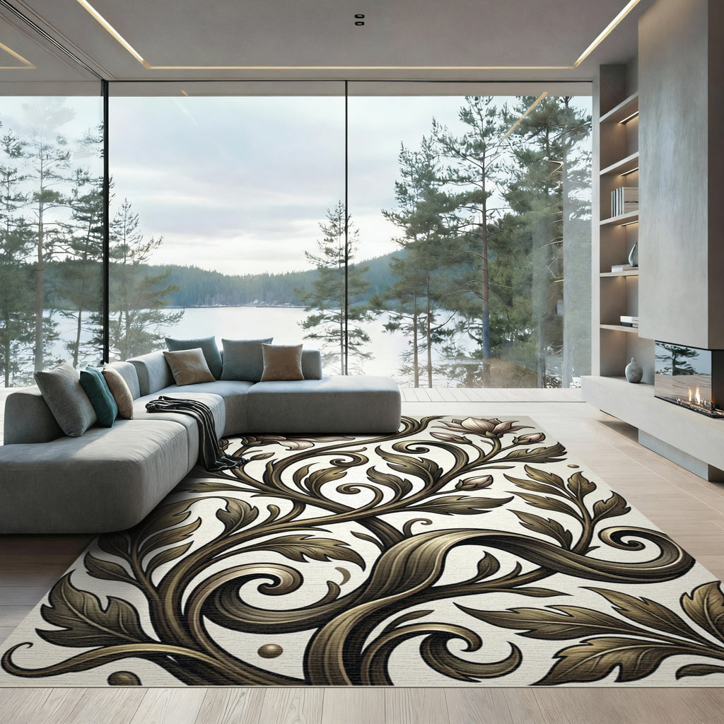 Ornate Bronze Floral Vine Swirl Rug
