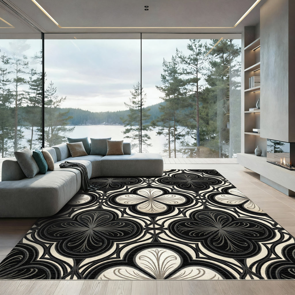 Monochrome Quatrefoil Damask Art Deco Tile Rug