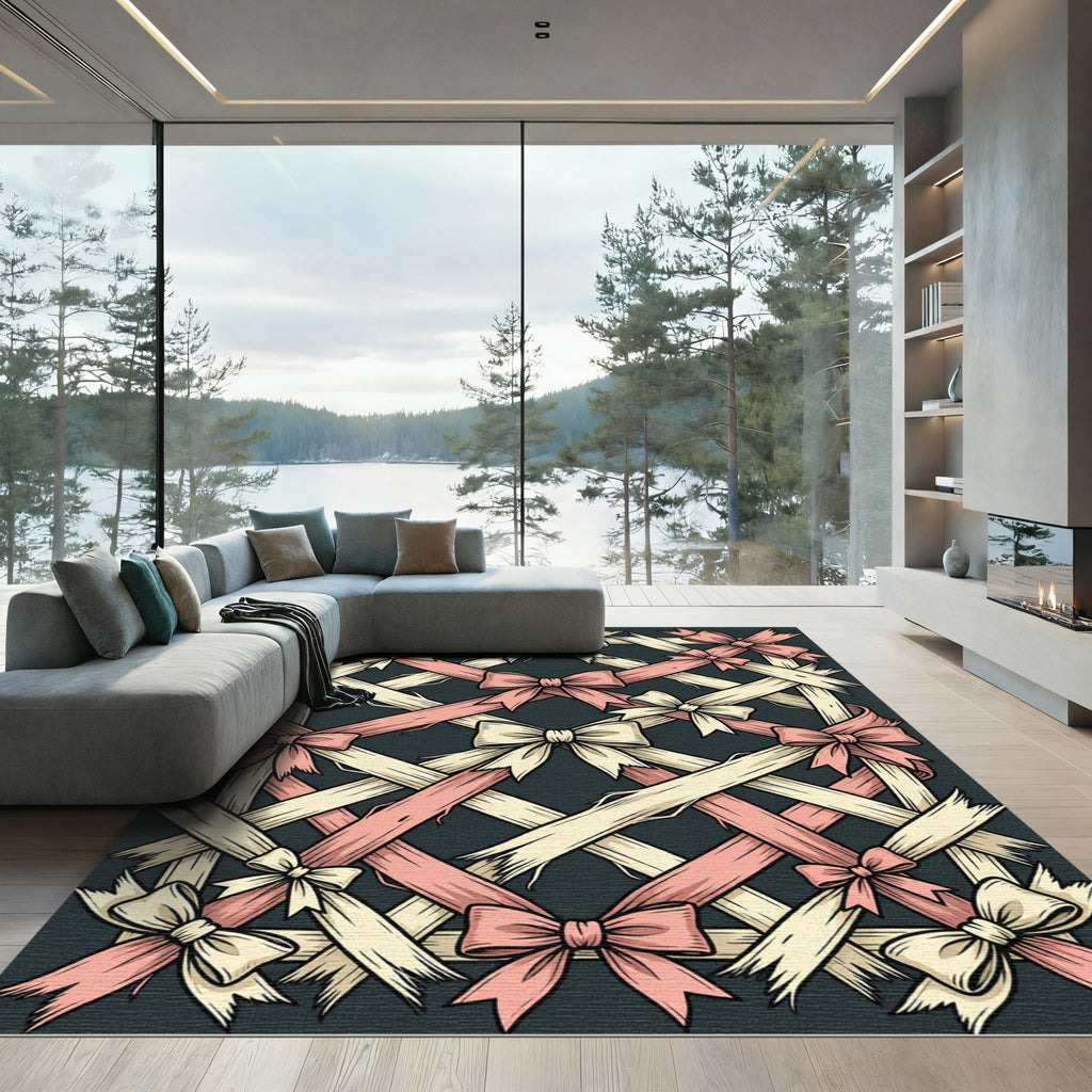 Elegant Cream and Rose Interlocking Bows Rug