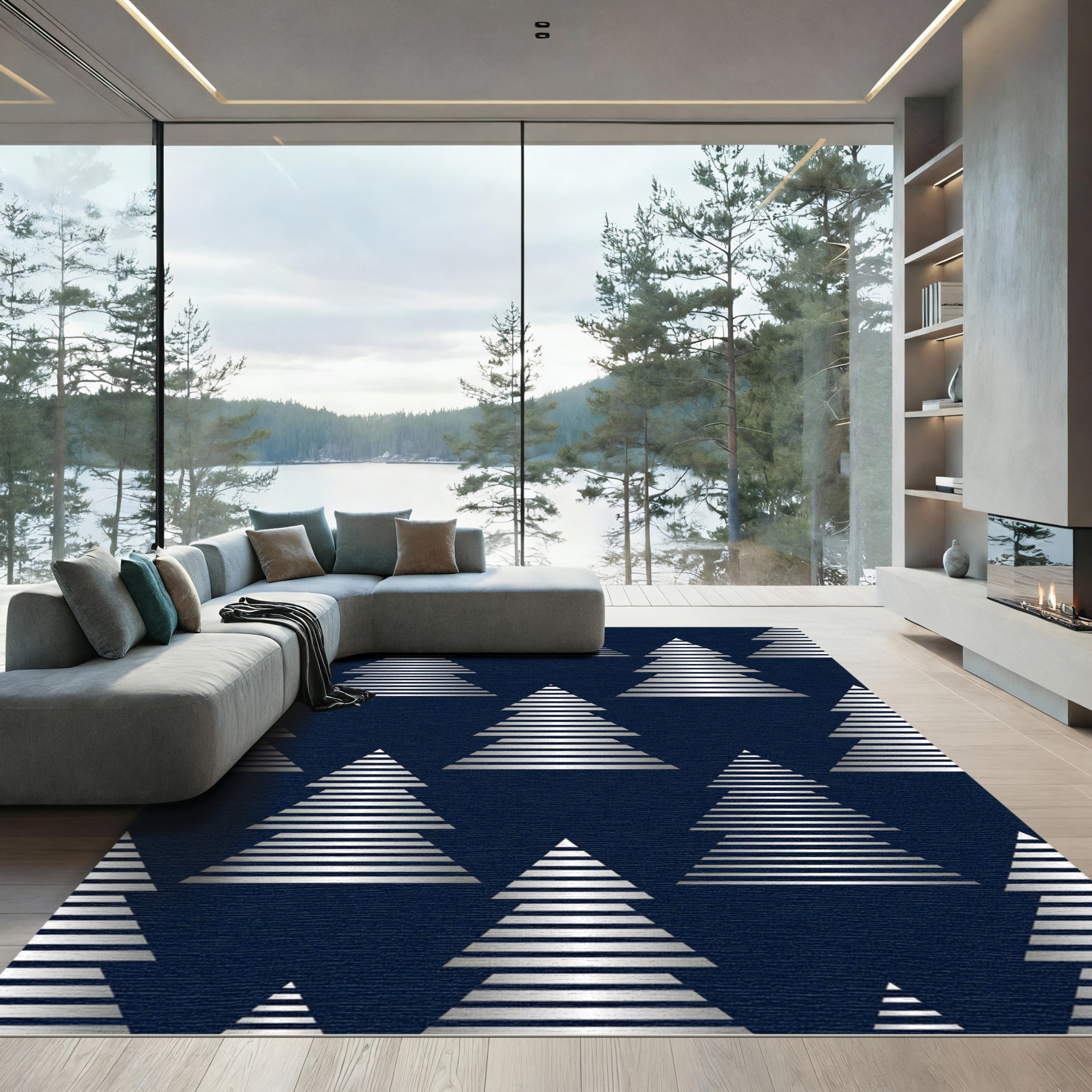Silver Striped Minimalist Pine Forest Rug