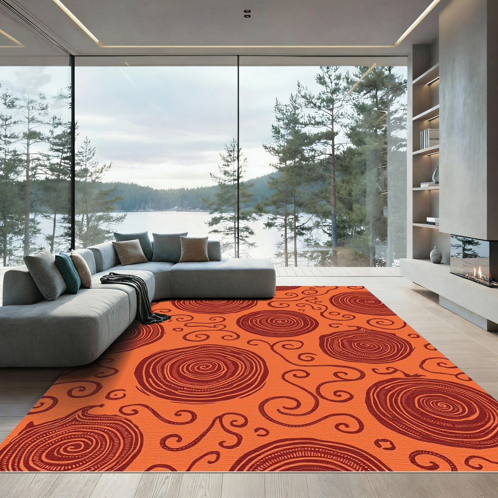 Earthy Orange Swirls Concentric Circles Rug
