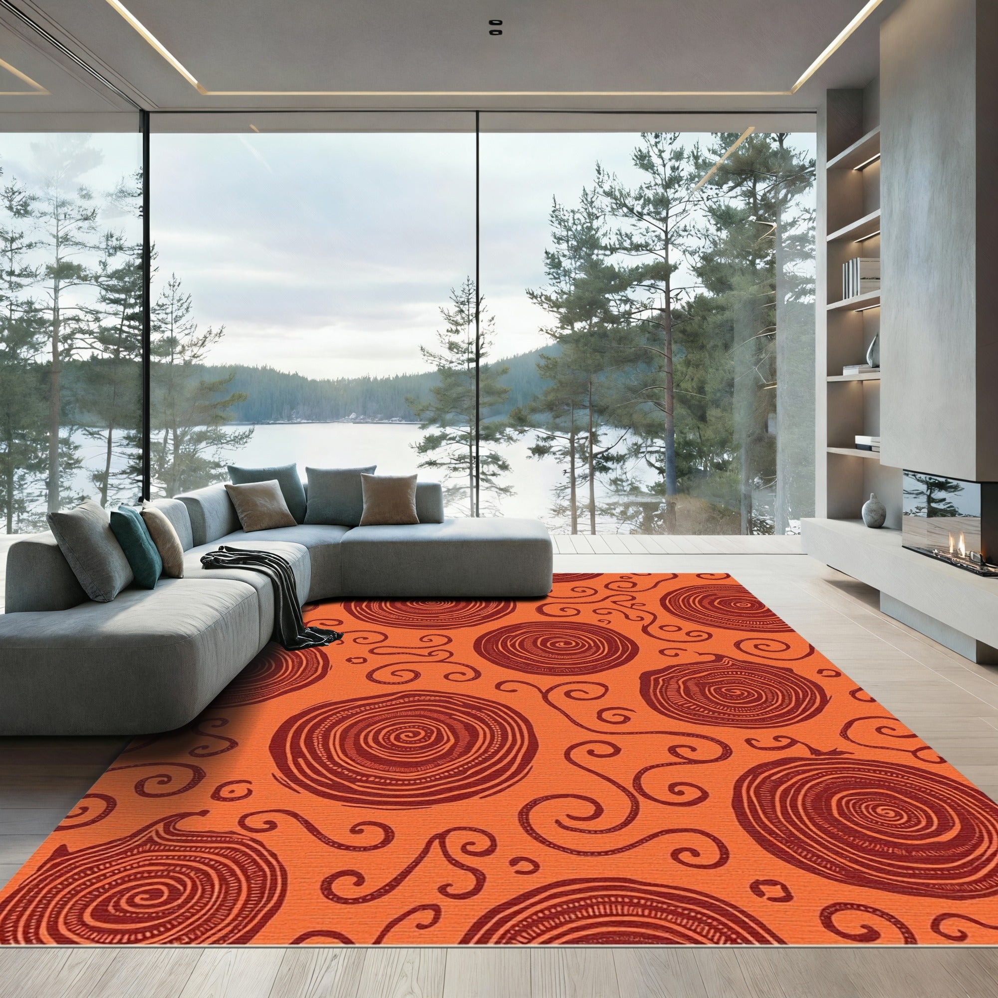 Earthy Orange Swirls Concentric Circles Rug