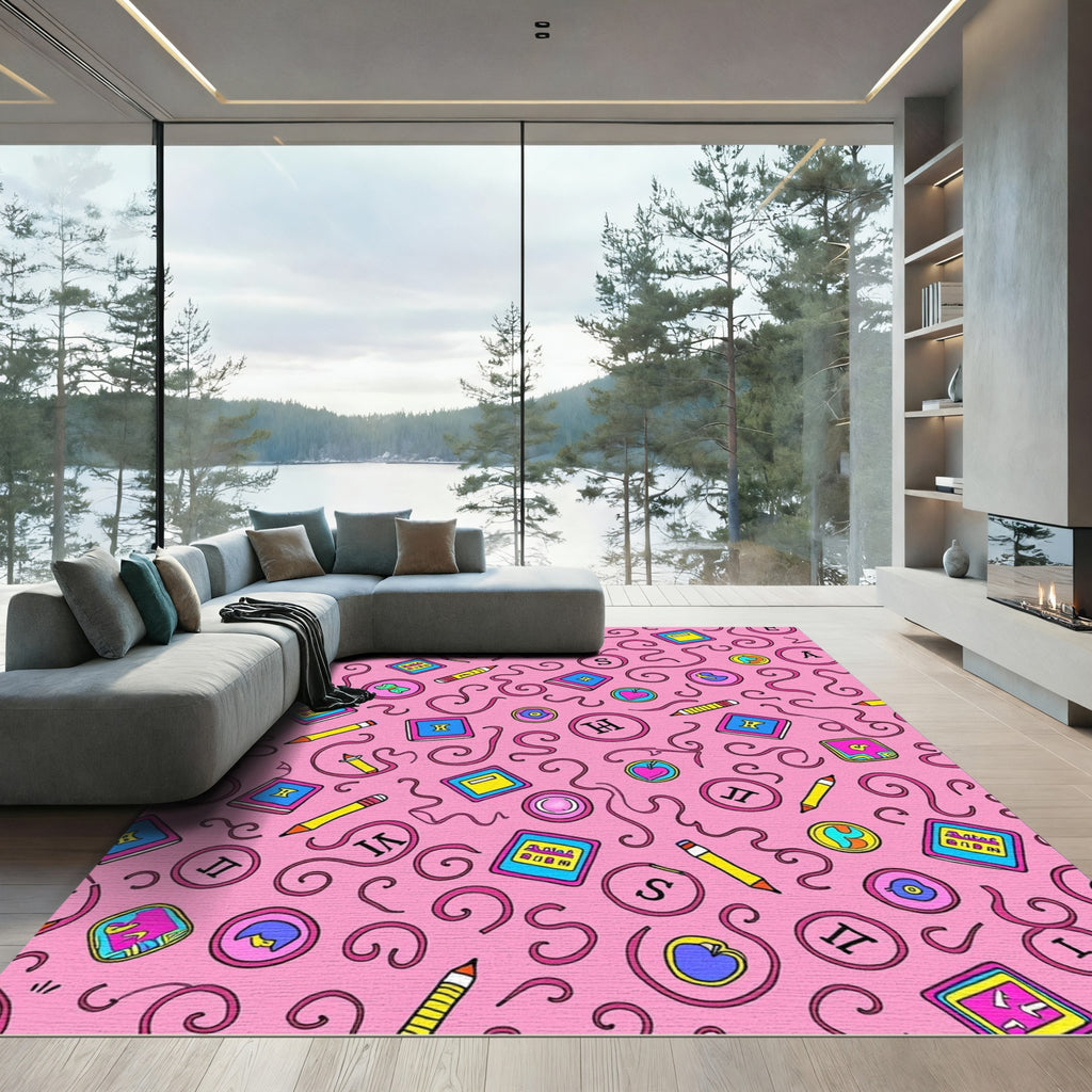 Pink Schoolbook Pencil Swirls Composition Rug