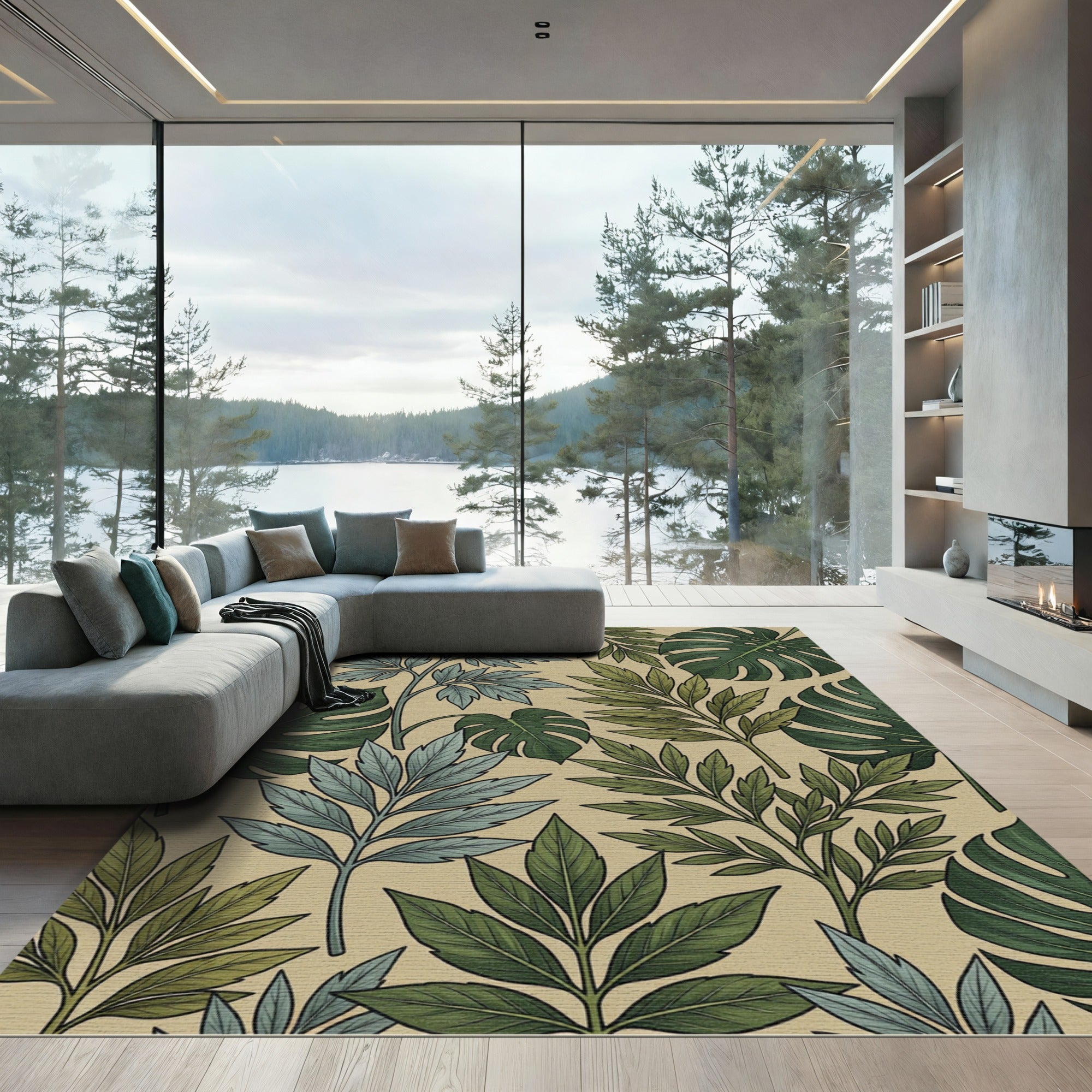 Green Blue Leafy Branch Foliage Rug