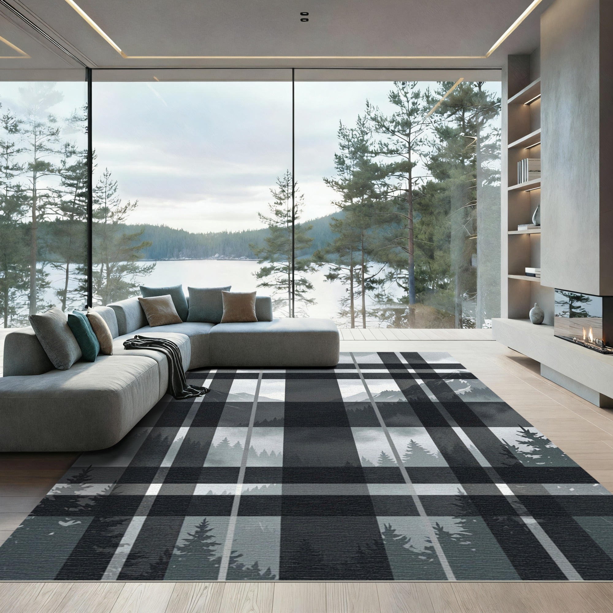 Monochrome Plaid Mountain Forest Landscape Rug