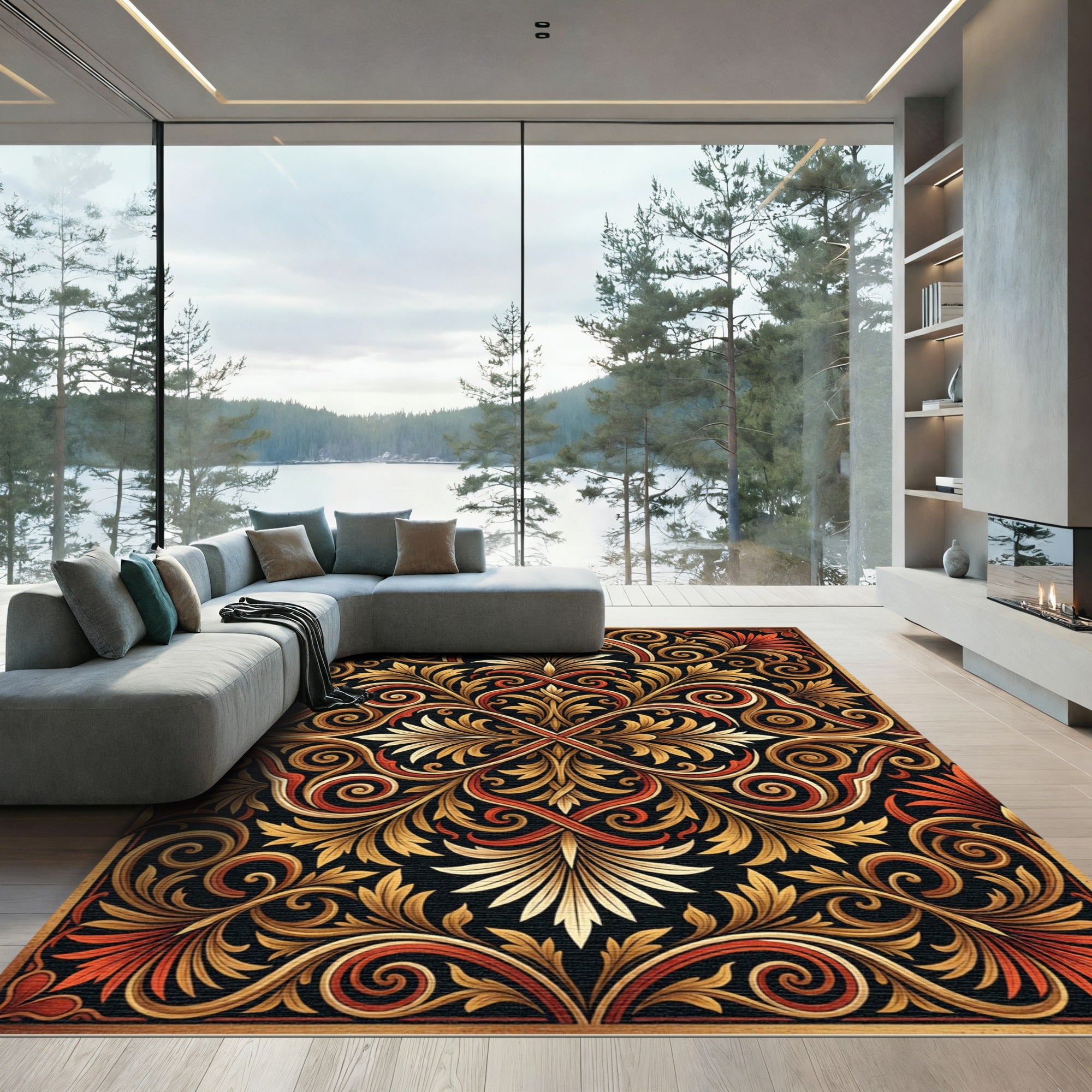 Elegant Golden Scroll Damask Art Rug