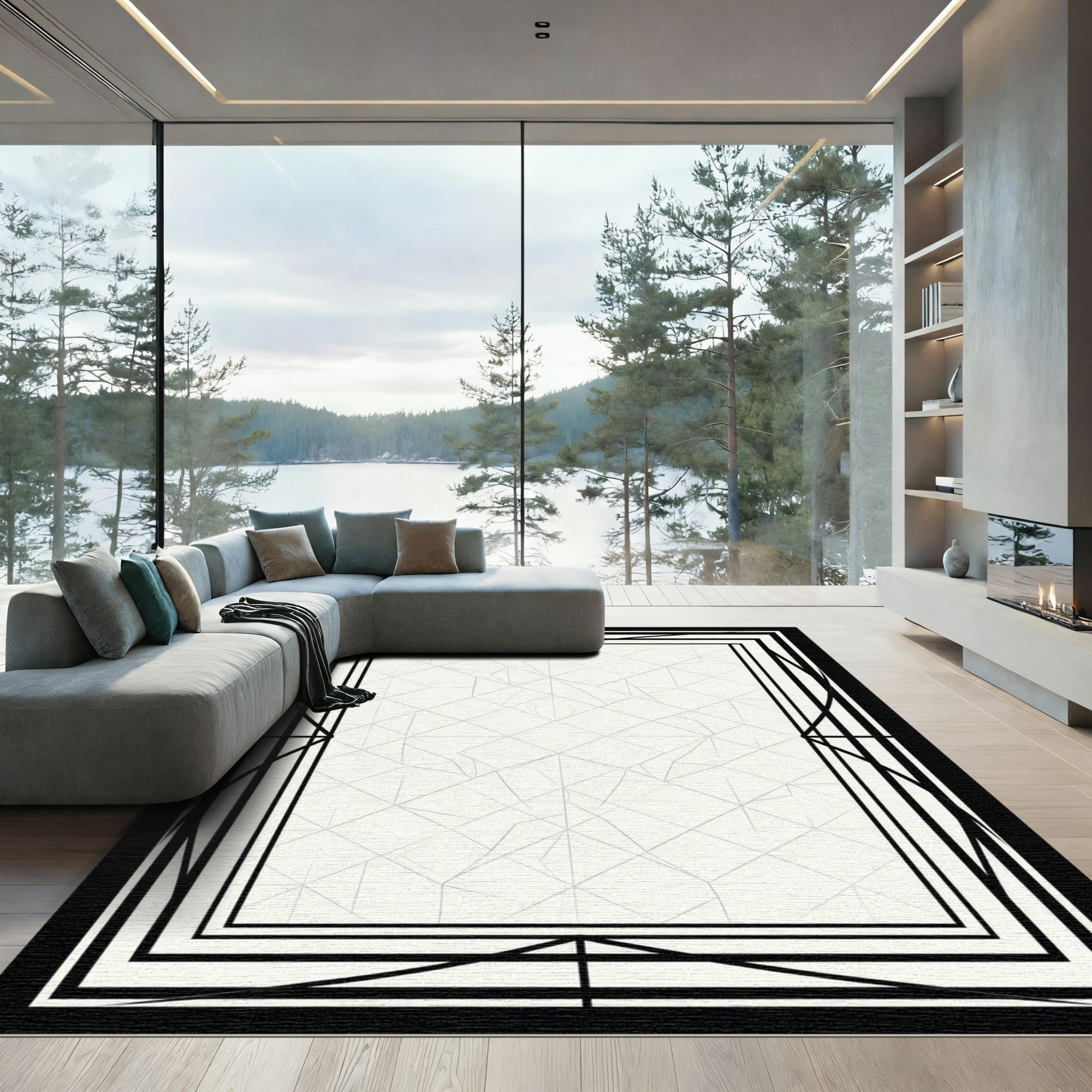 Monochrome Art Deco Geometric Frame Rug