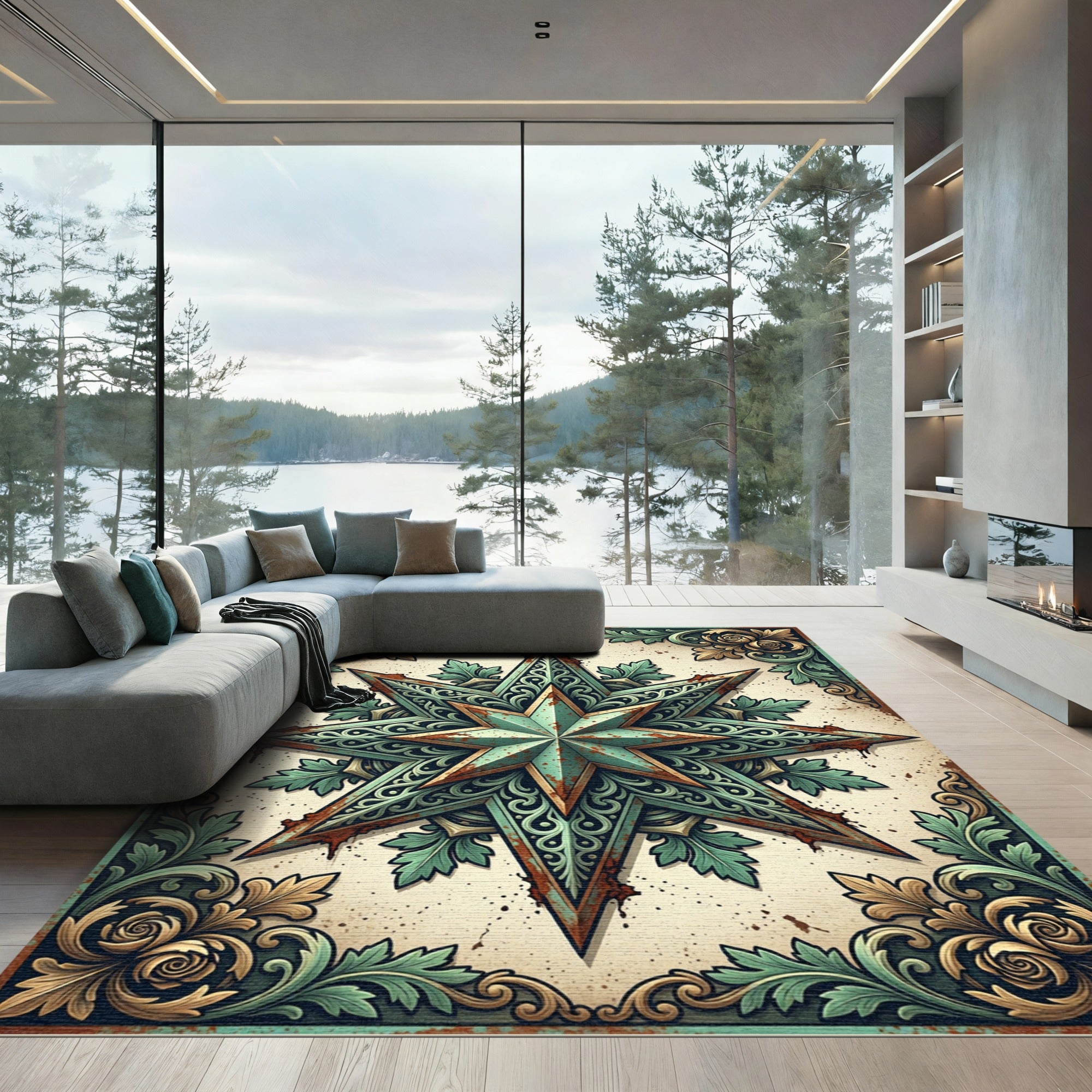Rustic Oxidized Copper Star Scroll Ornament Rug