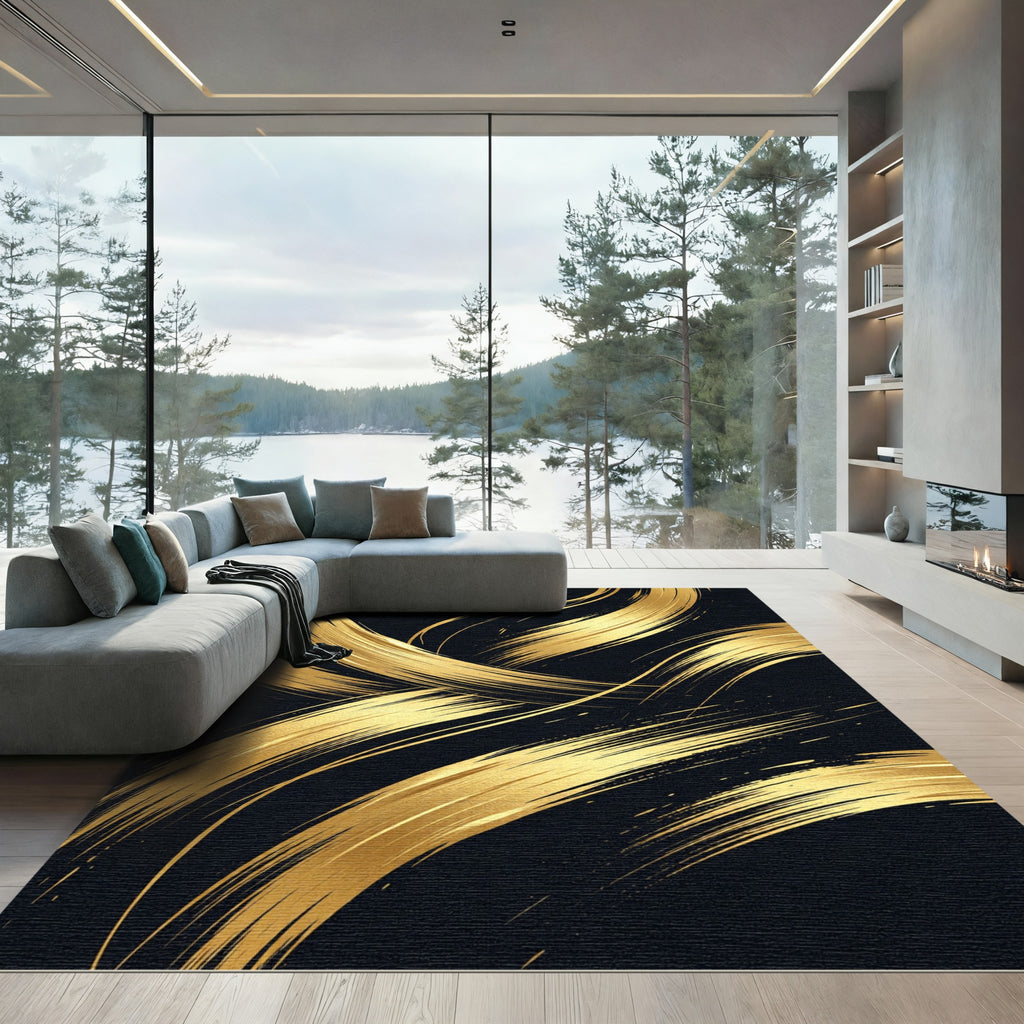 Glamorous Gold Swirls Abstract Rug