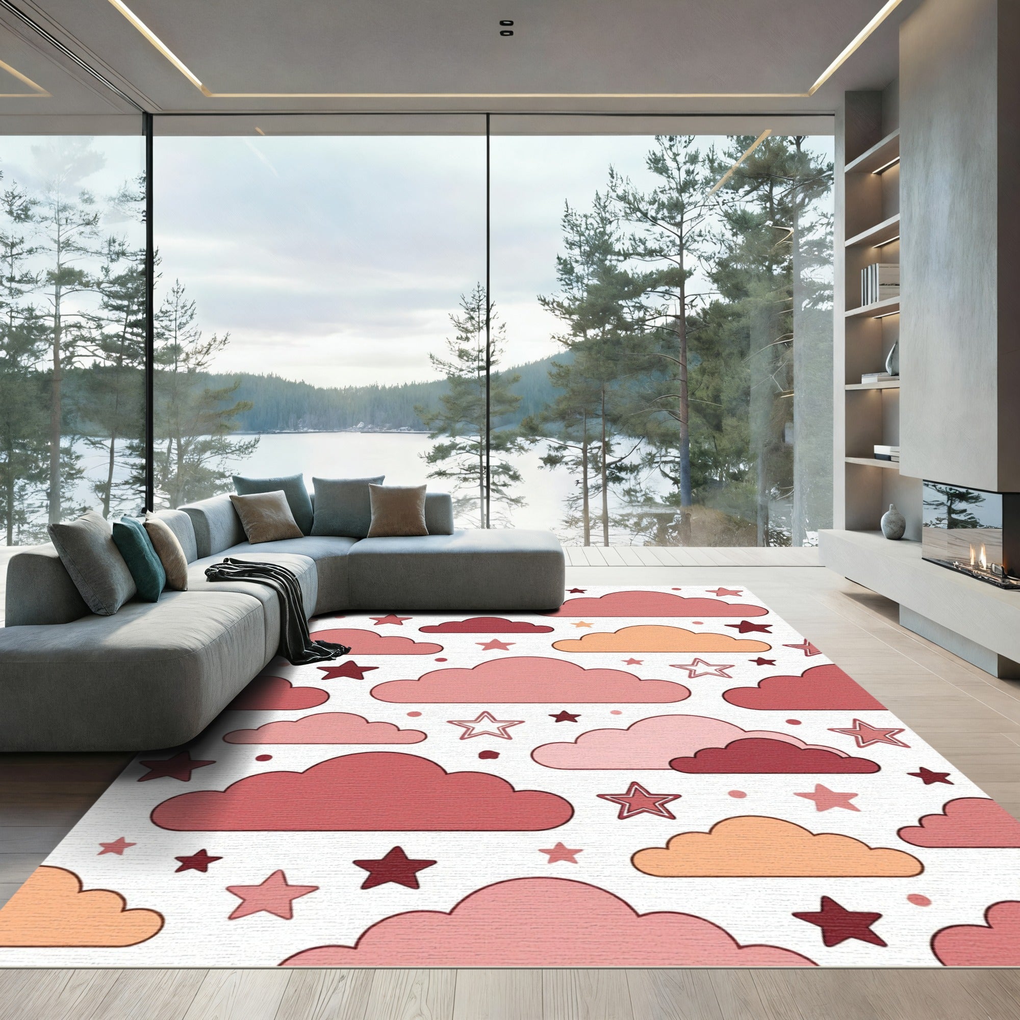 Whimsical Dusty Pink Starry Clouds Rug