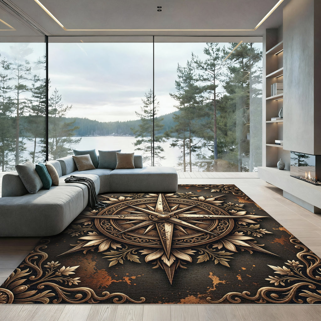 Vintage Compass Rose Antique Bronze Scroll Rug