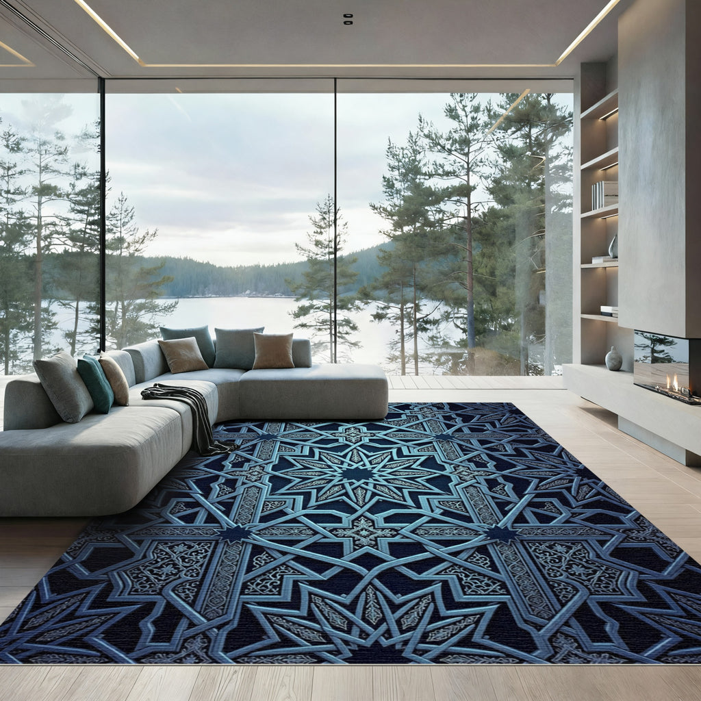 Deep Blue Geometric Starburst Lattice Rug