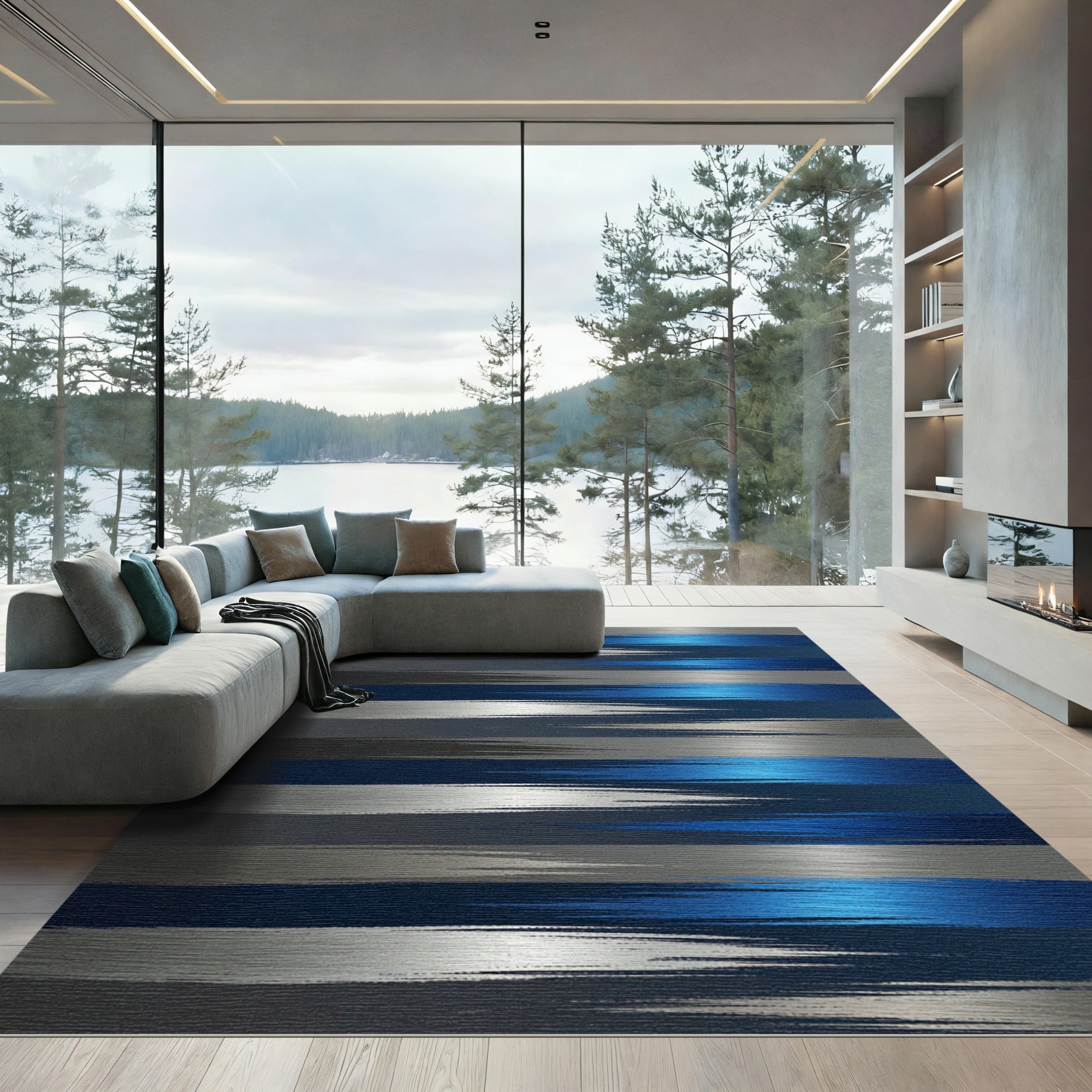 Modern Metallic Blue and Silver Horizontal Brushstroke Rug