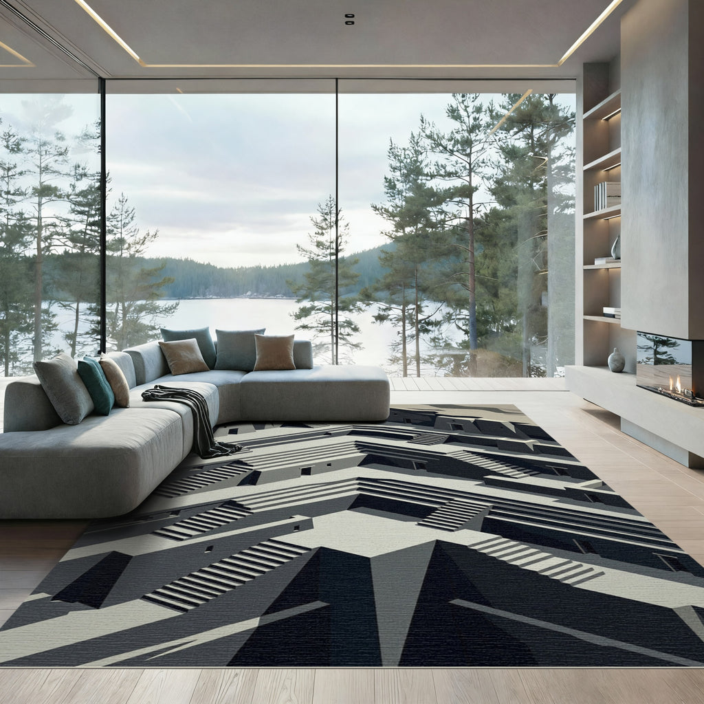Monochromatic Geometric Architectural Descent Rug
