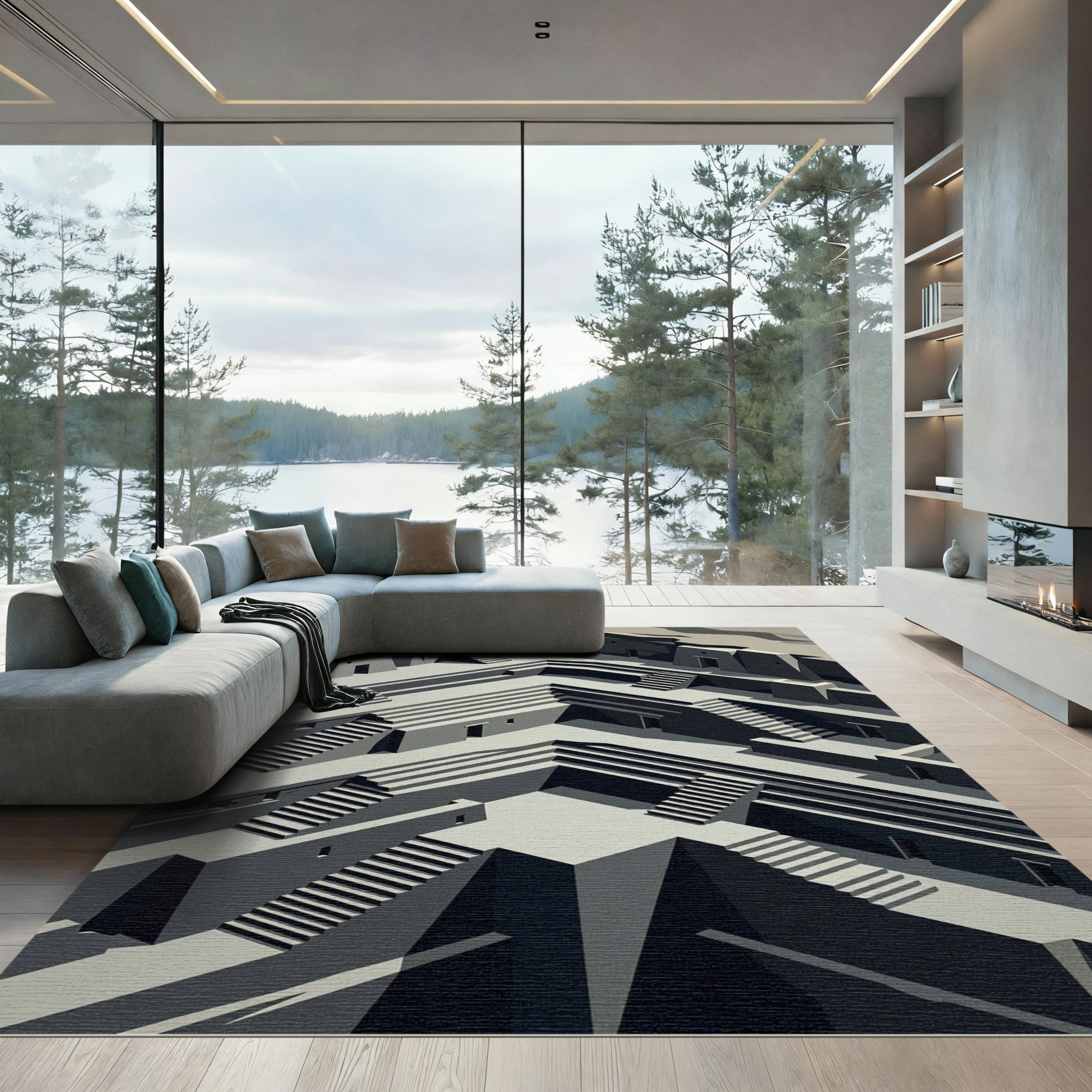 Monochromatic Geometric Architectural Descent Rug