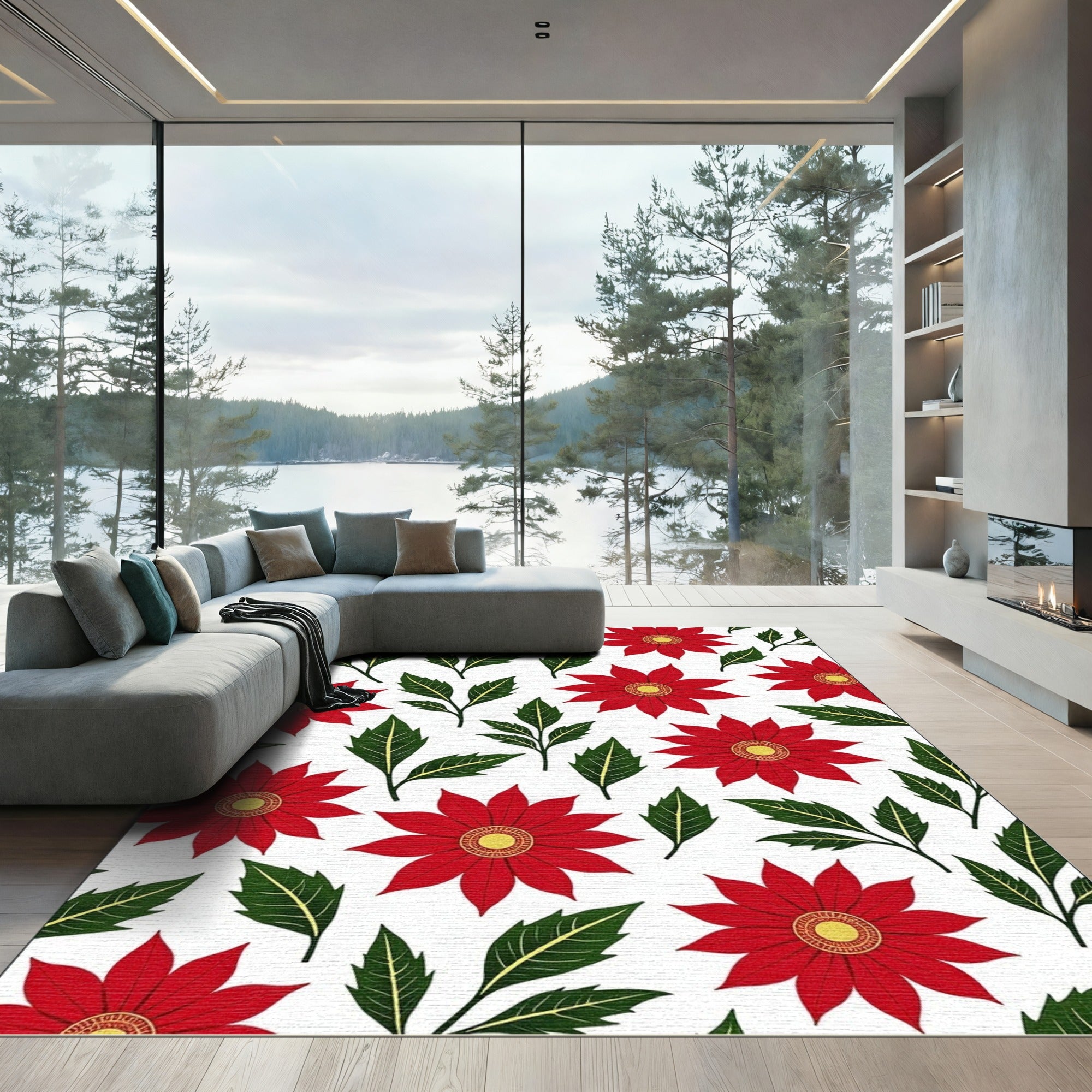 Vibrant Red Floral Leaf Medallion Rug