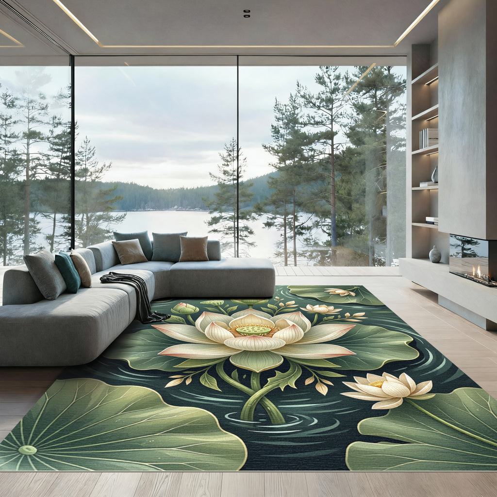 Serene Cream Lotus Blossom Pond Rug