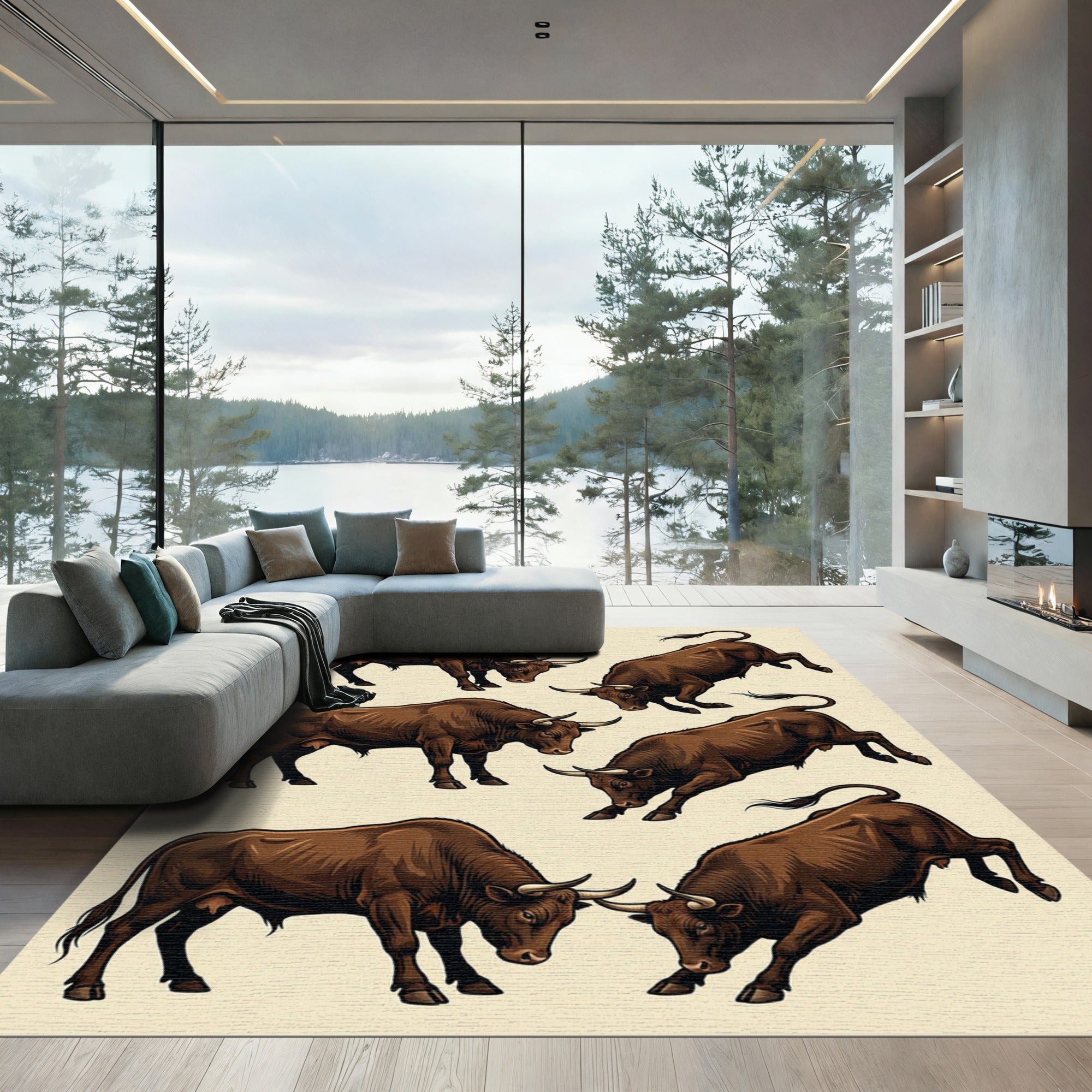 Earthy Brown Charging Bull Illustration Rug