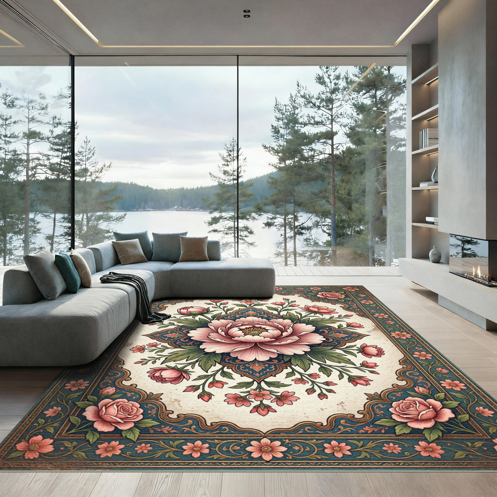Vintage Pink Floral Medallion Border Rug