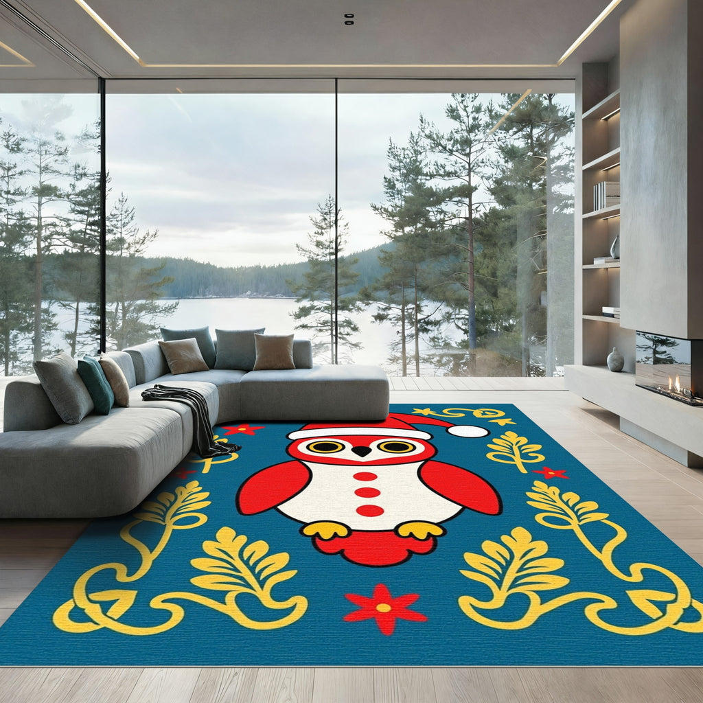 Whimsical Red Owl Christmas Folk Art Rug