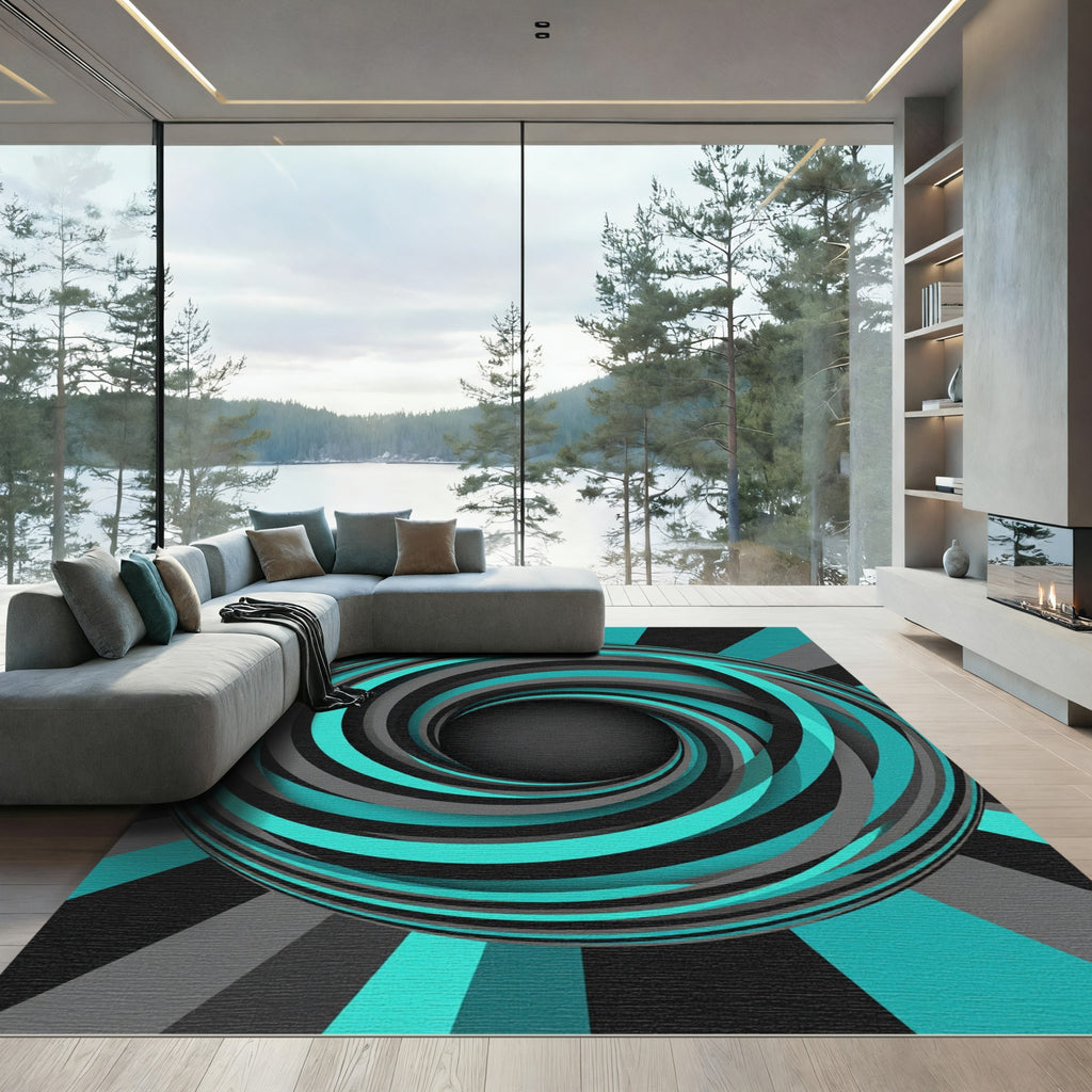 Abstract Teal and Charcoal Vortex Rug