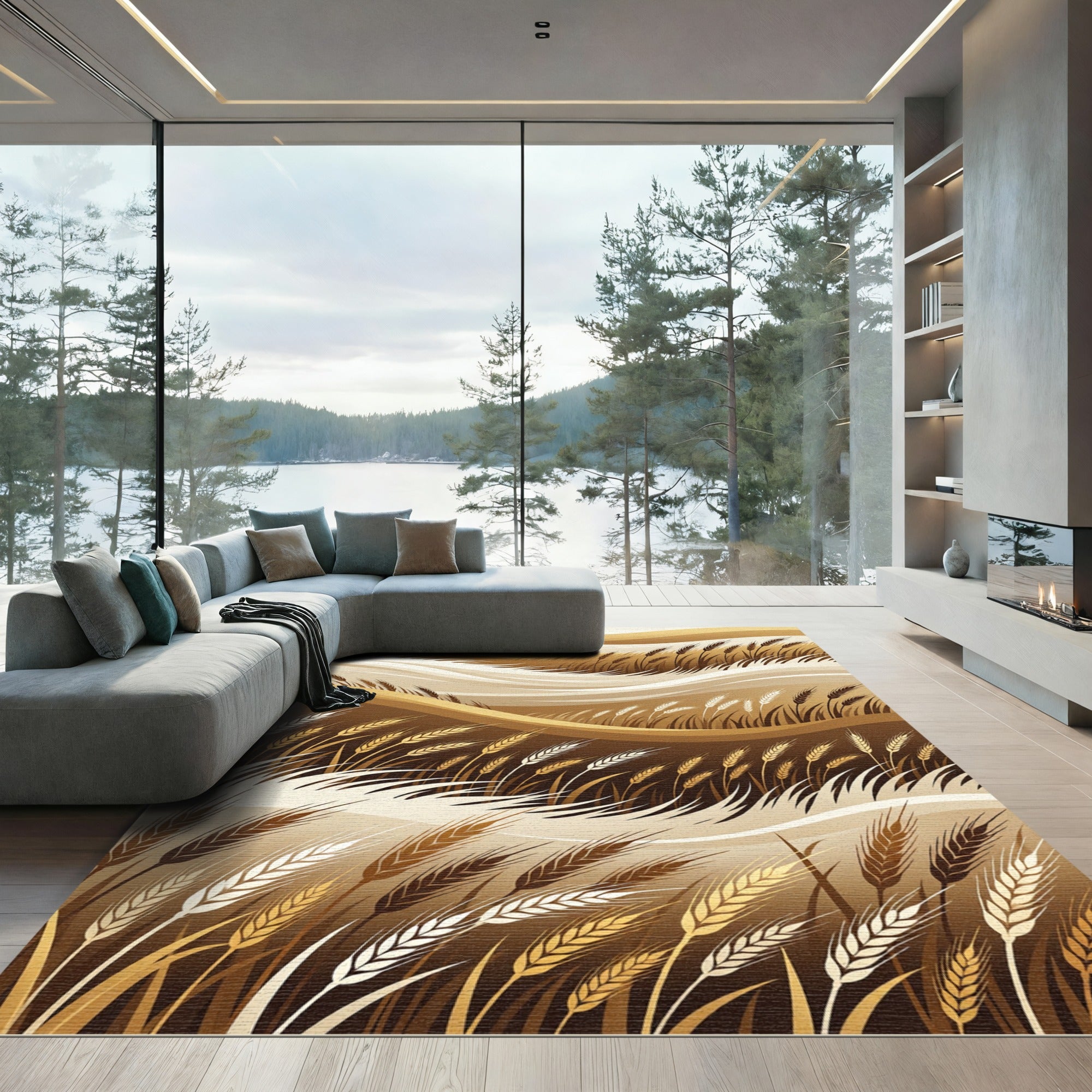 Golden Wheat Field Wavy Landscape Rug