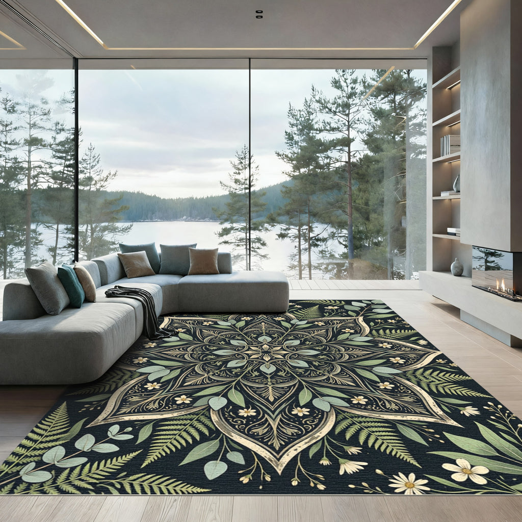 Botanical Green Fern and Wildflower Mandala Rug