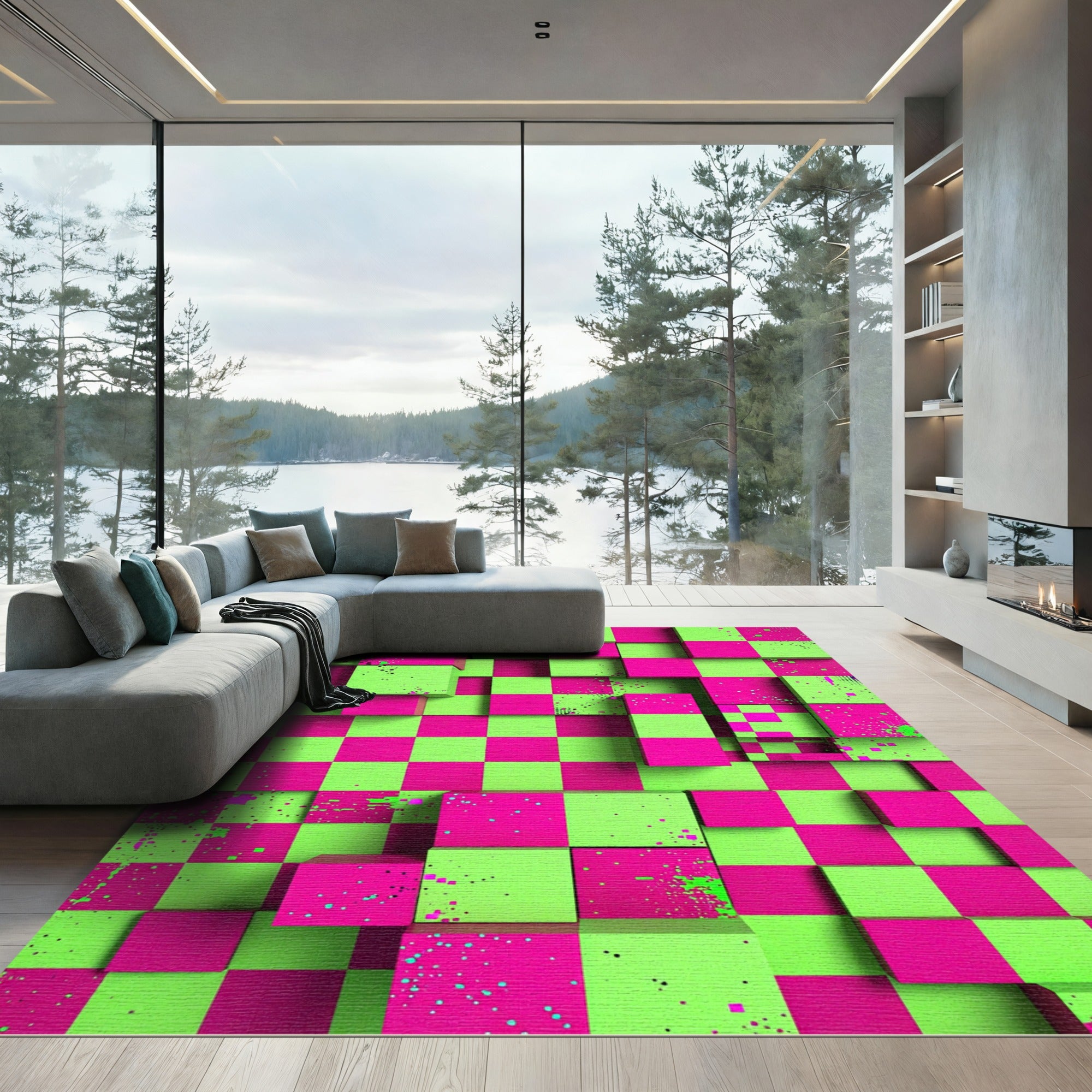 Neon Pink Lime Green Pixelated Block Rug