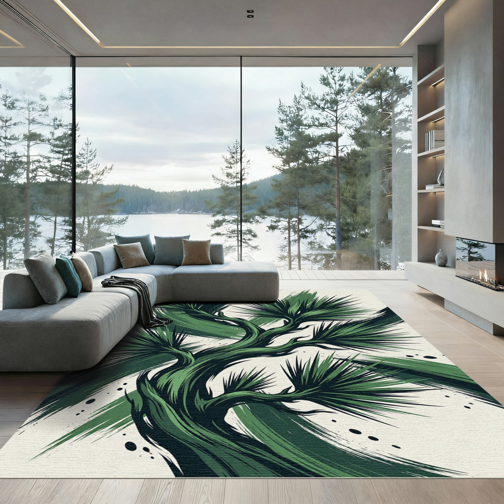 Modern Emerald Pine Branch Artwork Rug