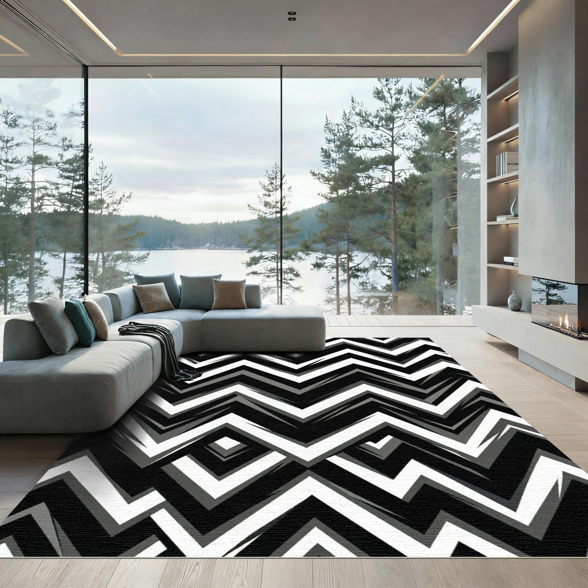 Bold Black White Zigzag Geometry Rug