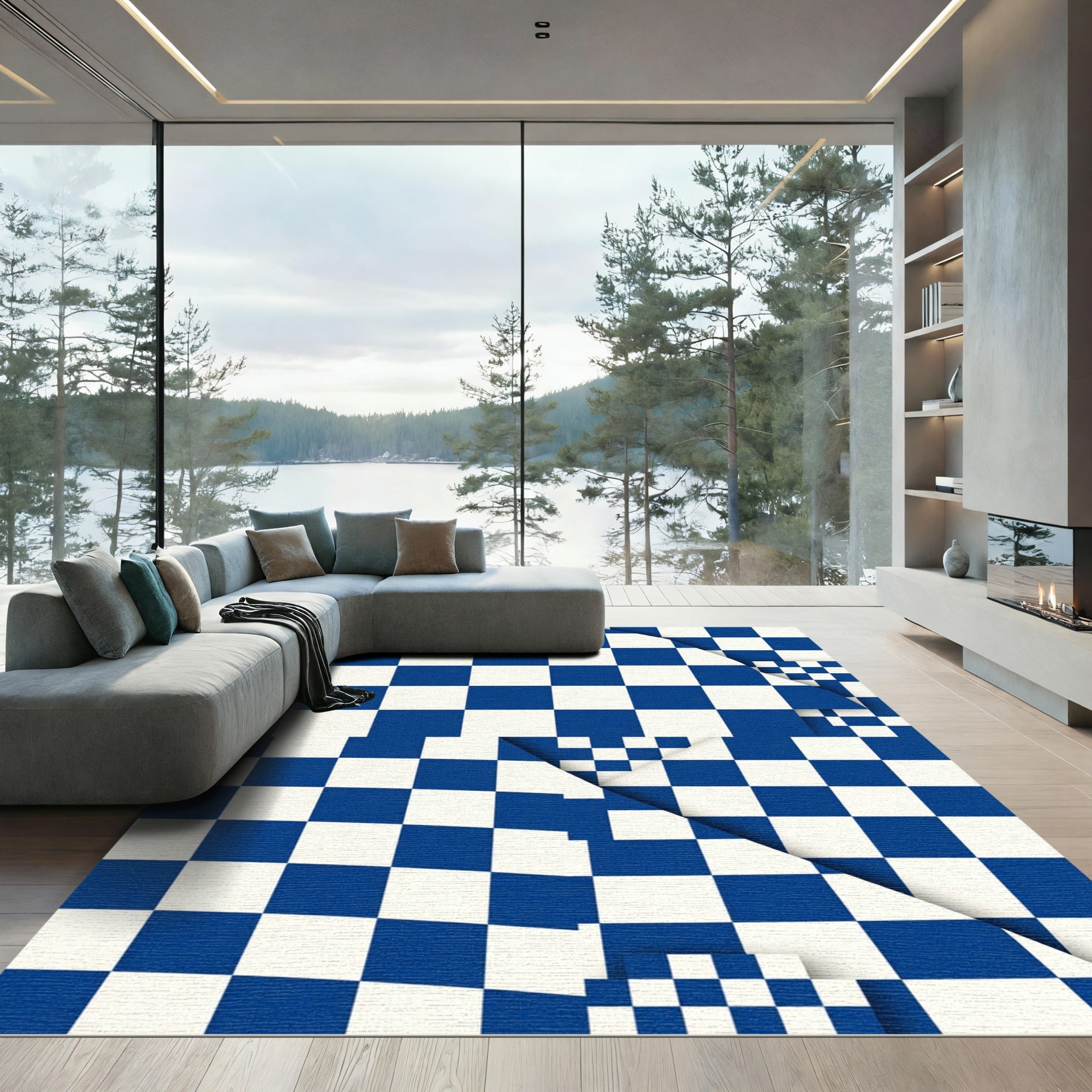 Geometric Blue and White Checkered Rug
