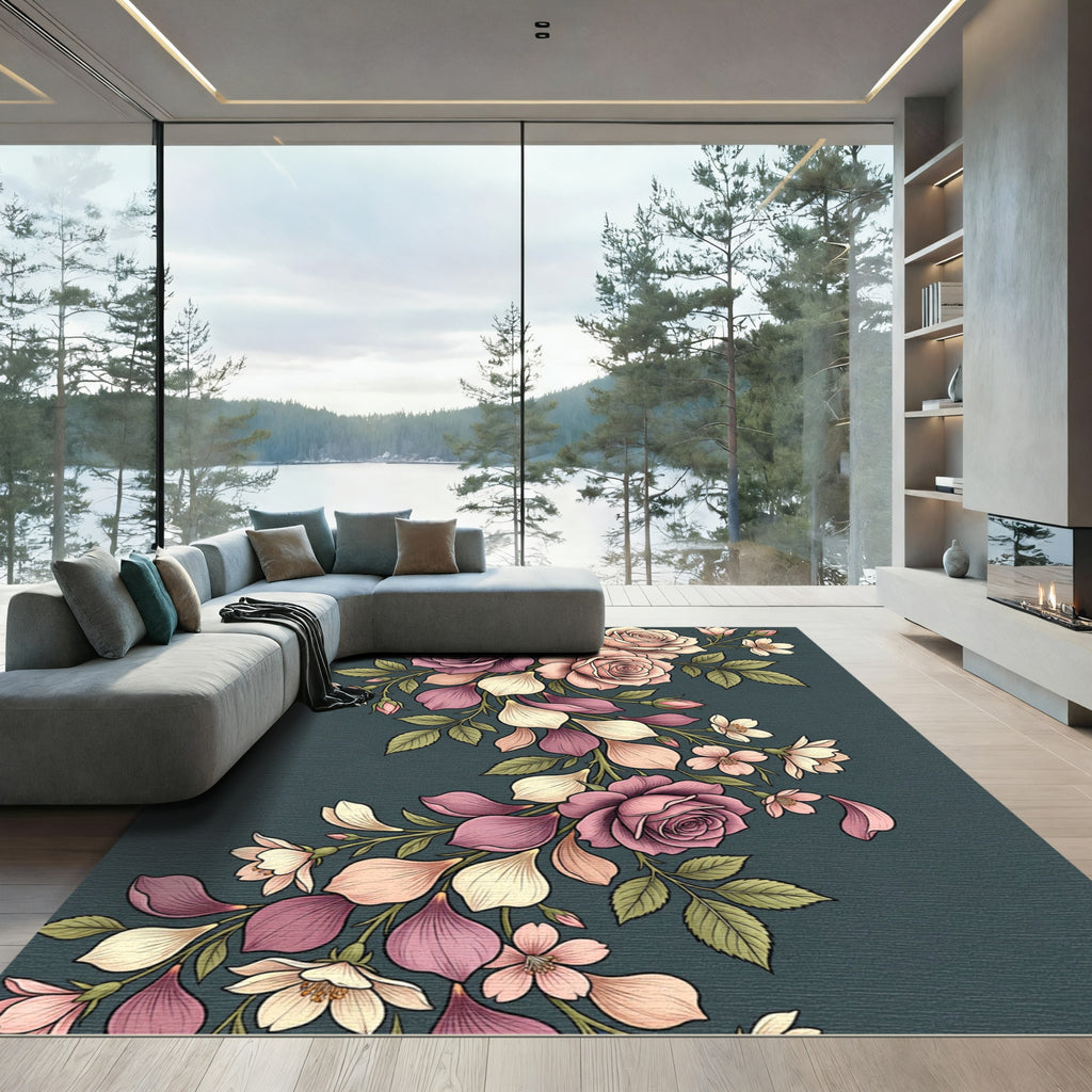 Elegant Pink Rose Floral Bouquet Rug