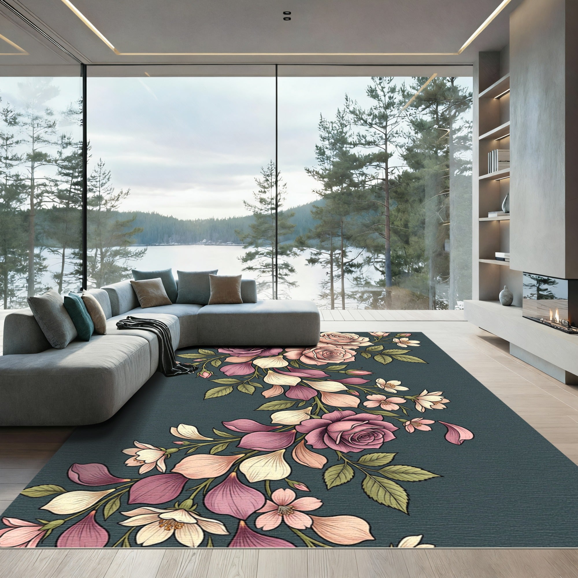 Elegant Pink Rose Floral Bouquet Rug