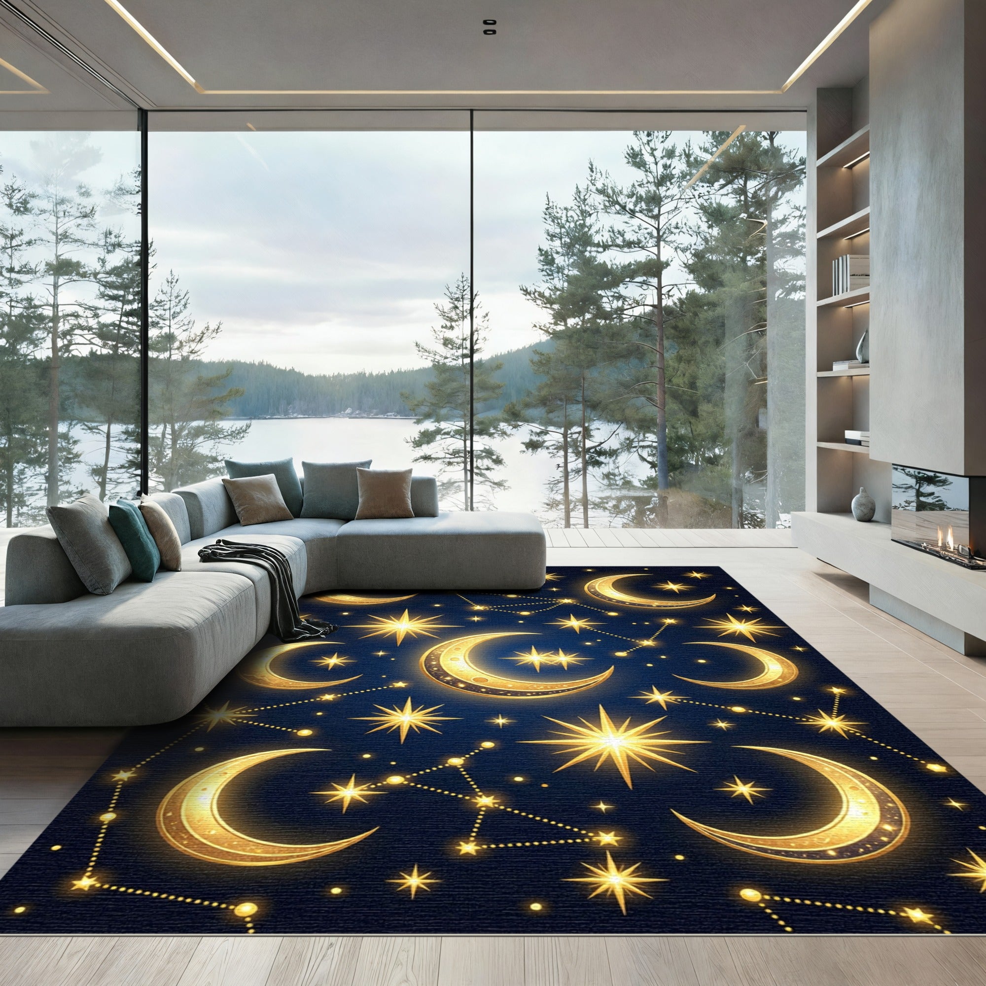 Celestial Golden Crescent Moon Starry Night Rug