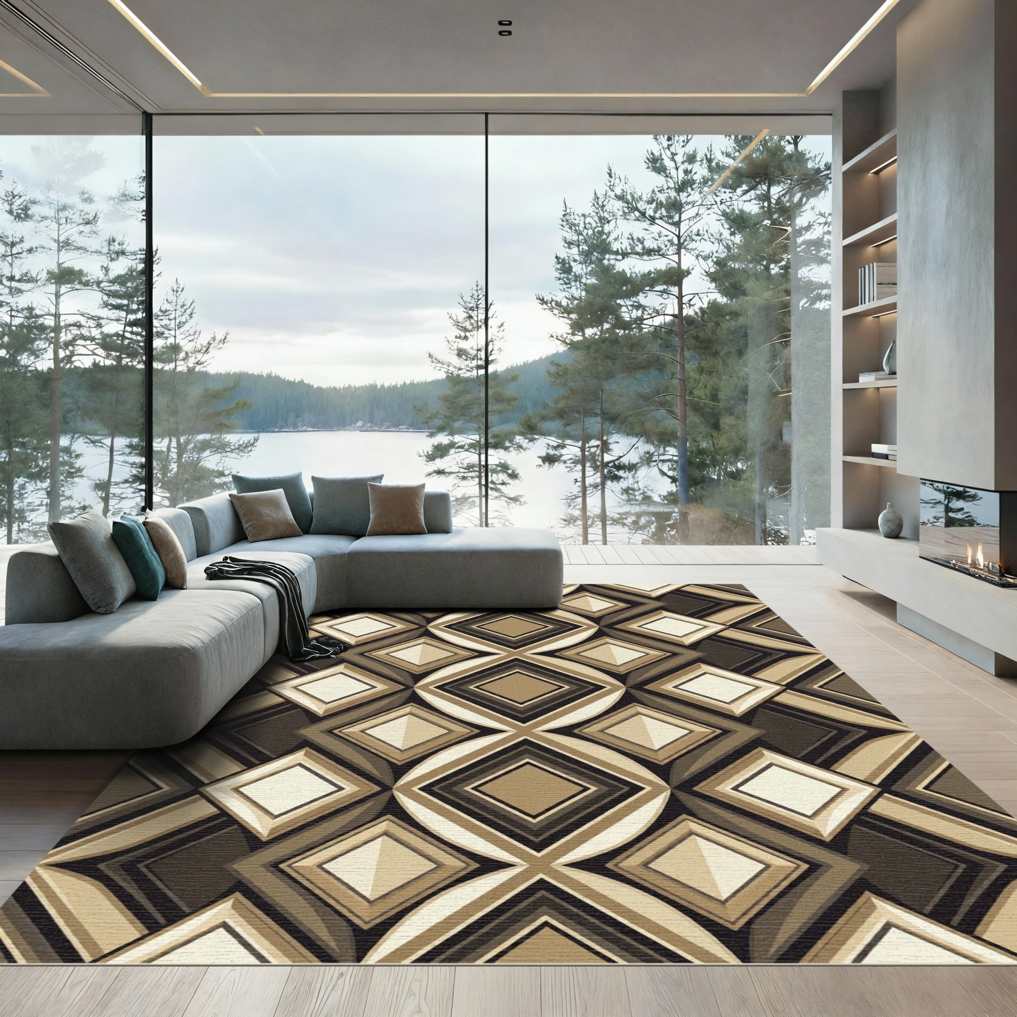 Tonal Geometric Diamond Circles Rug