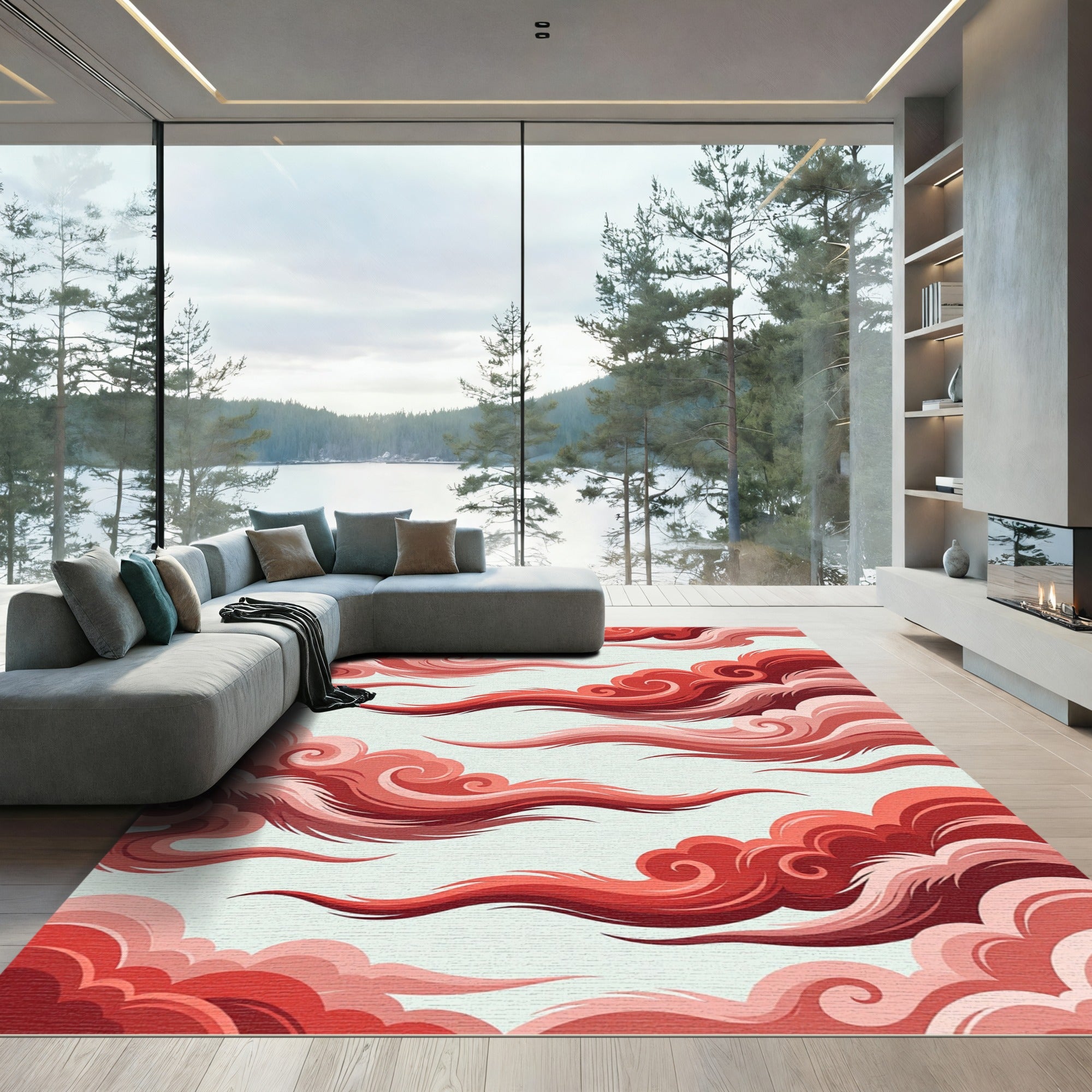 Crimson Swirl Clouds Flowing Rug