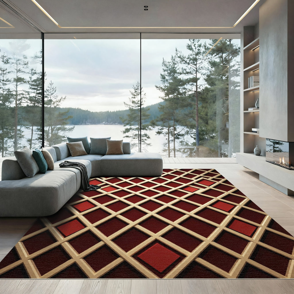 Crimson Lattice Diamond Field Rug