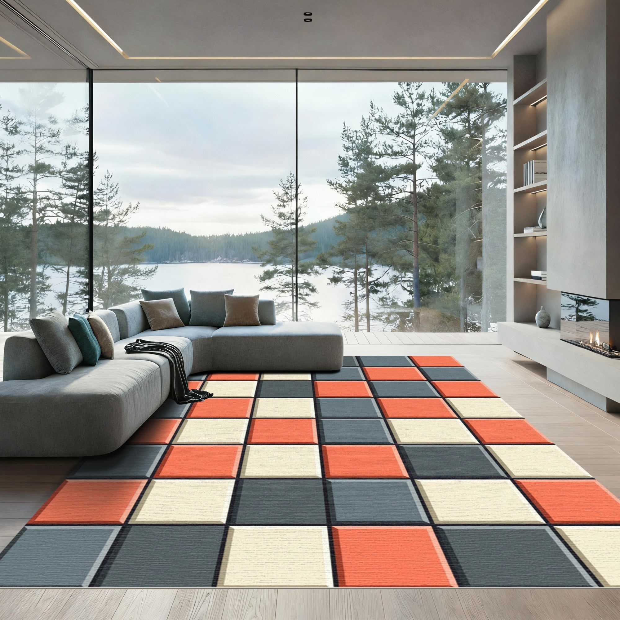 Modern Geometric Square Grid Color Block Rug