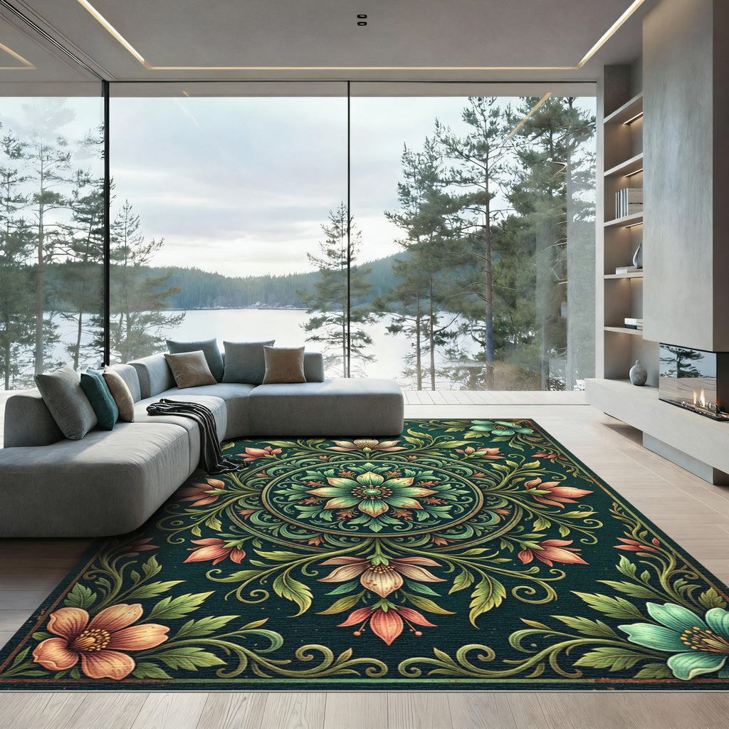 Ornate Emerald Floral Circular Medallion Rug