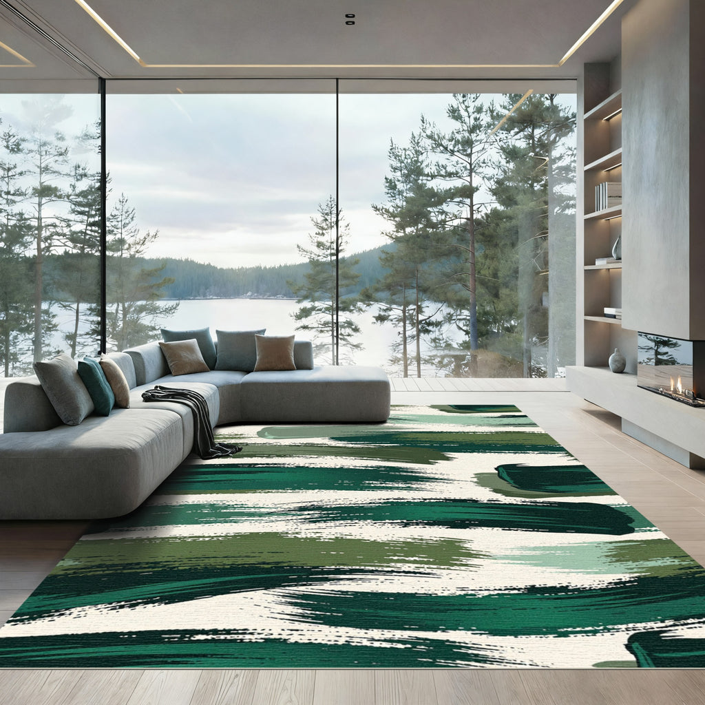 Abstract Forest Green Painted Brushstroke Rug