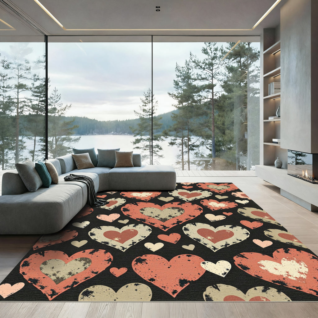 Distressed Terracotta Hearts Charcoal Background Rug