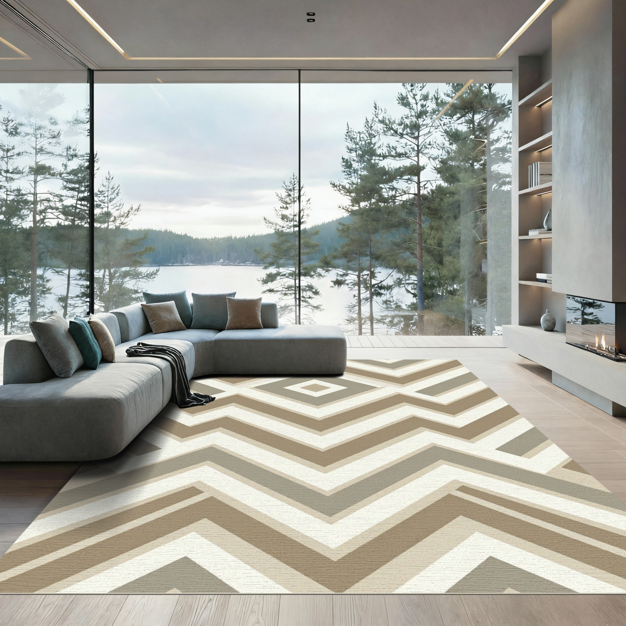 Taupe and Cream Geometric Chevron Rug