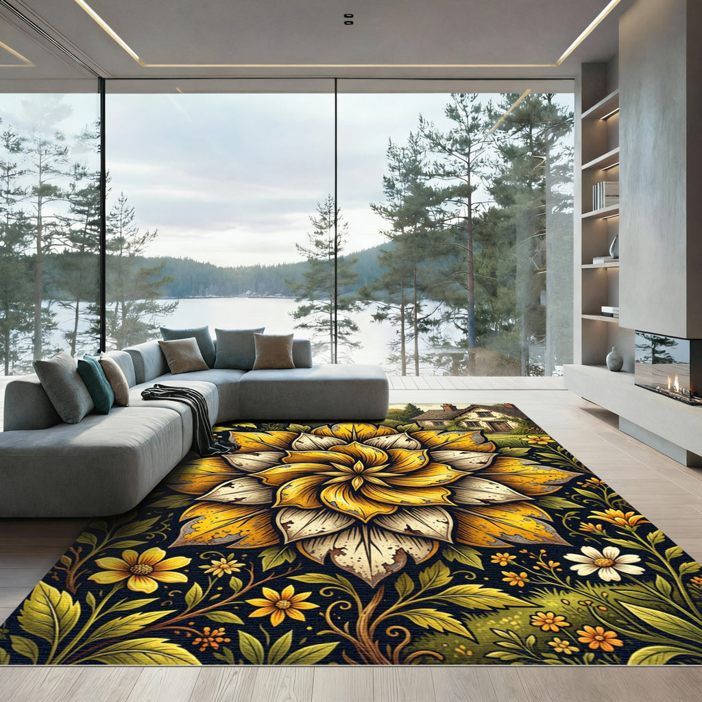 Golden Autumn Floral Mandala Rug