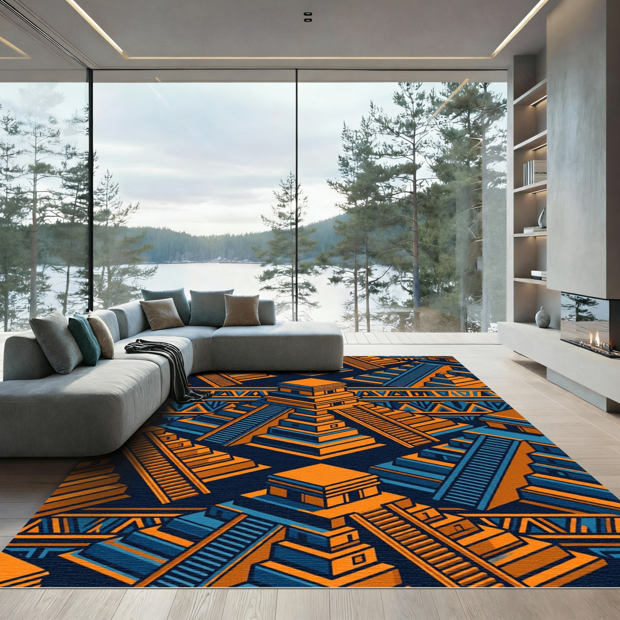 Geometric Orange Blue Aztec Pyramid Artwork Rug