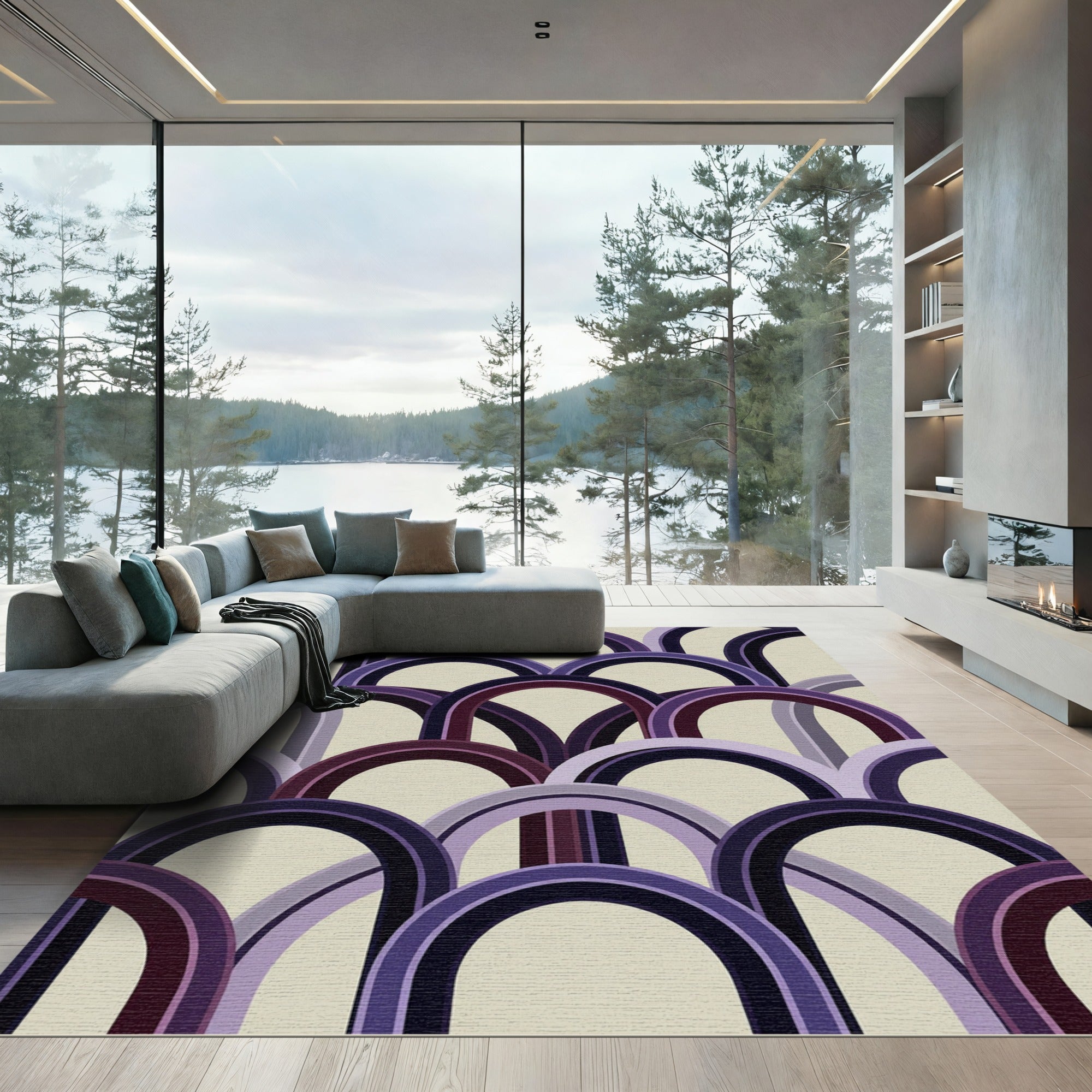 Retro Violet Curved Arch Art Deco Rug