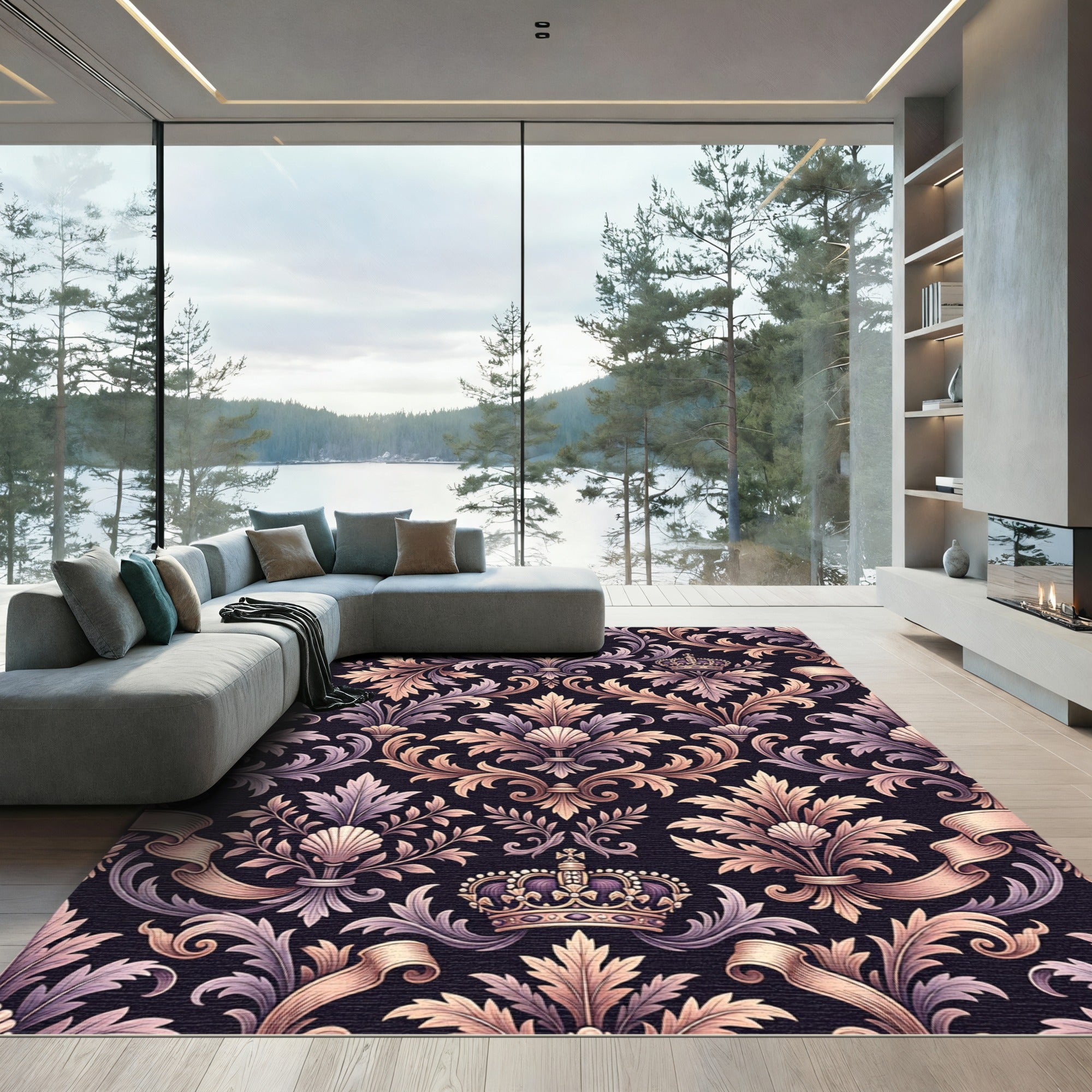 Regal Damask Crown Scrollwork Harmony Rug