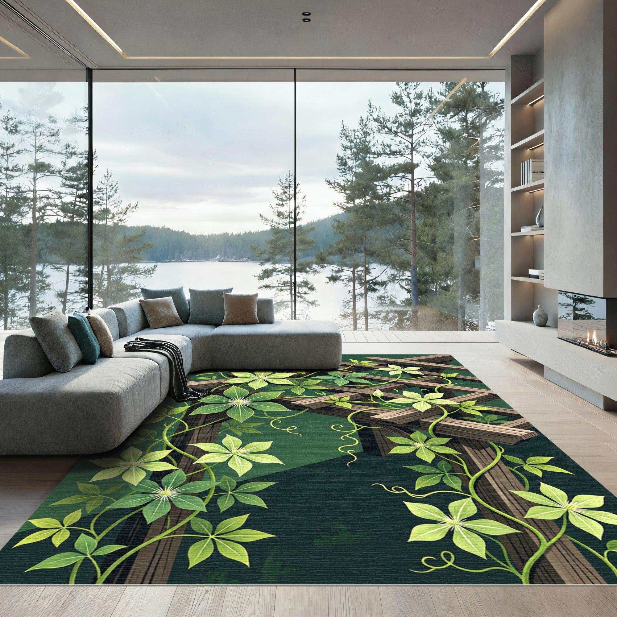 Lush Forest Green Climbing Clematis Rug