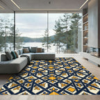 Navy Gold Geometric Fleur-De-Lis Lattice Rug