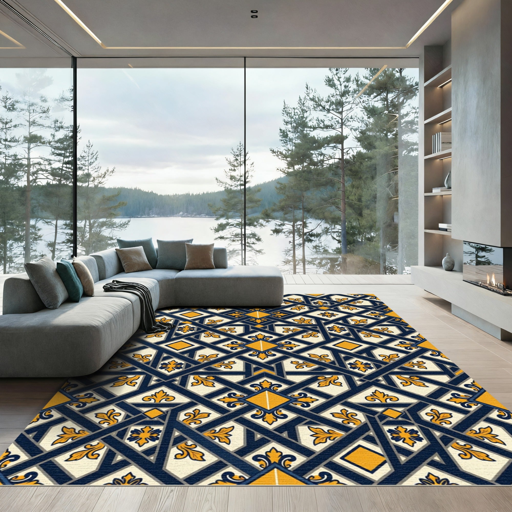 Navy Gold Geometric Fleur-De-Lis Lattice Rug